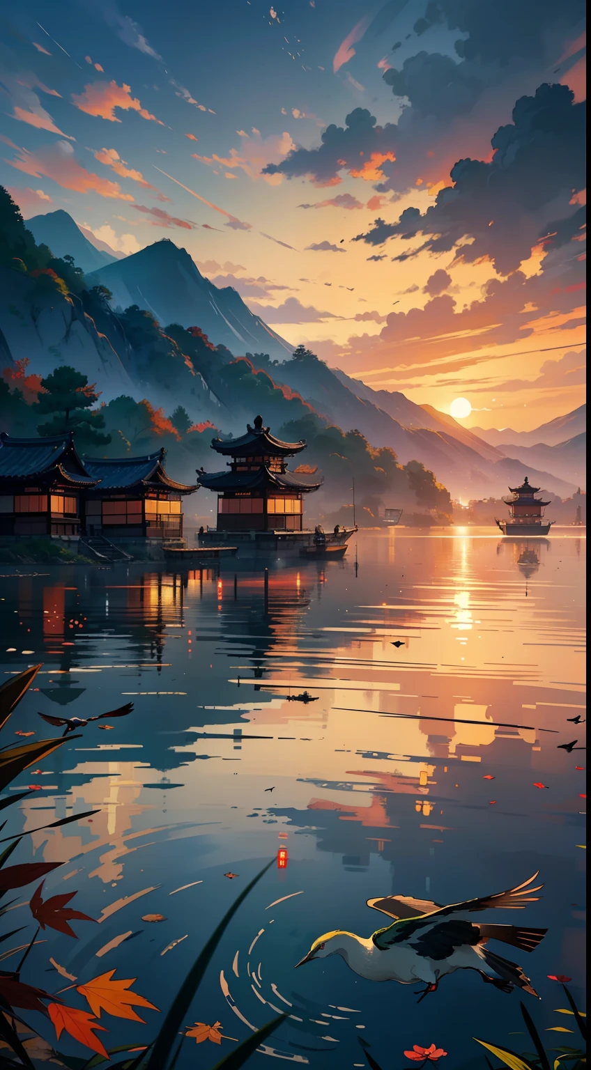 Embroidery，Leaning over，Yamabara has a clear view，Kawasawa was shocked。Lu Yan flew to the ground，Bells Food House；Hippurtiazu，The hometown of the green sparrow yellow dragon armor。The clouds are raining，Cai Che District Ming。The sunset and the solitary crane fly together，The autumn water is the same for a long time。Fishing boats sing late，Blew the shore of poor Penley；The wild geese were frozen，The sound cut off the shop in Hengyang。(Sunset landscape painting)，((The vista is a huge sunset over the skyline))，(Connected to the lake)，((Flying birds))，((Several ships))，Autumn tones，（an Chinese ink painting style），（Masterpiece），（Extremely detailed picture description），（8k wallpaper），（Master painting），（Noticeable light and shadow effects），（Ray traching），（Obvious layers），（depth of fields），（best qualityer）,Ray
