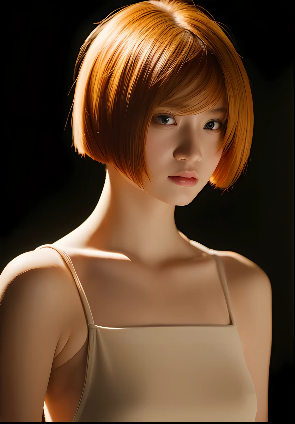 best quality, ultra high res, (photorealistic:1.4), masterpiece, white backround ,solo,1 girl ,standing, yellow skin, posing, looking at viewer , face focus, (red hair:1), (oval face:1),(short hair :1.5)