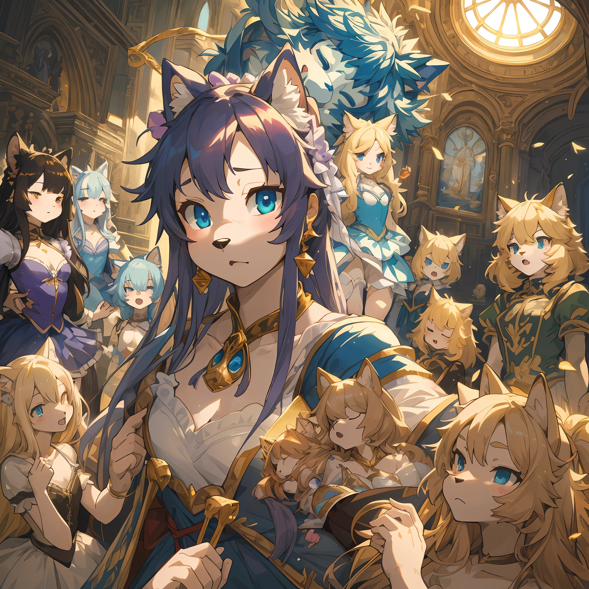 top quality, best quality, High-quality illustrations, masterpiece, super high resolution, detailed background, ballet, La Belle au bois dormant, The Sleeping Beauty, 6+boys, 6+girls, absurdres(highly detailed beautiful face and eyes)perfect anatomy, expression, good lighting, cinematic shadow(kemono, furry anthro)assorted poses, dynamic angle,