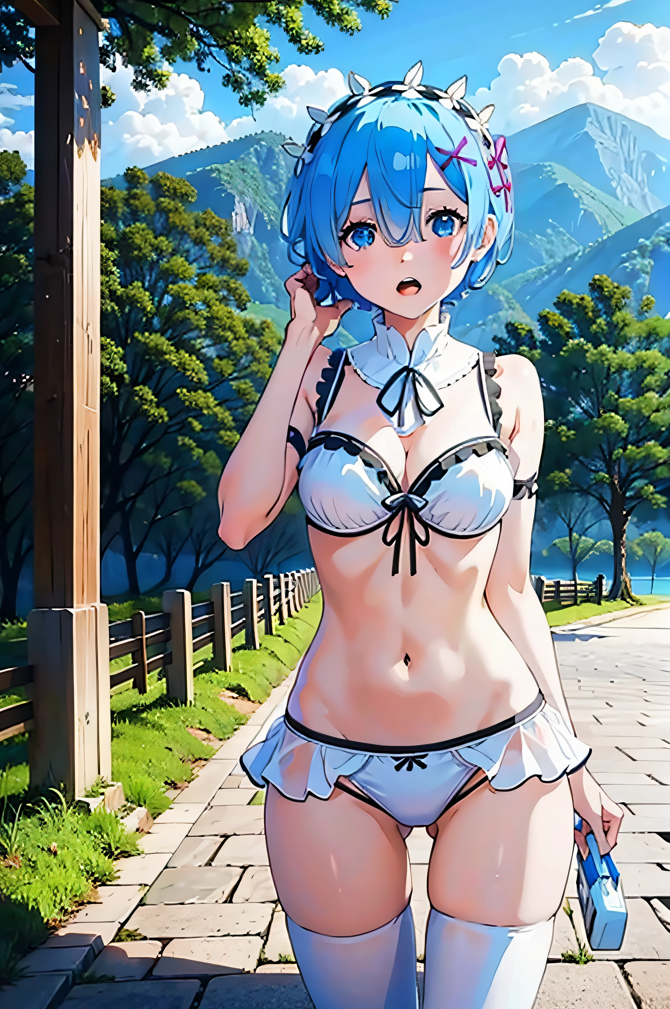 1girl, Rem, (white bikini:1.2), medium breast, on the beach, open mouth,, (masterpiece:1.2), highres, best quality, 8k,