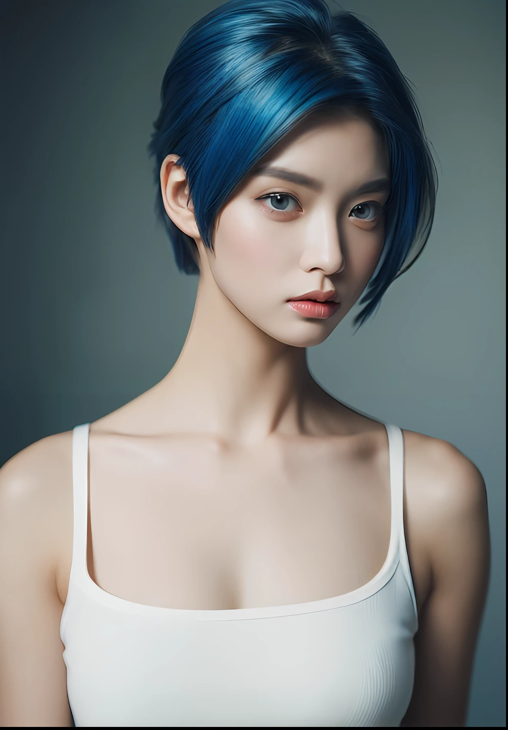 best quality, ultra high res, (photorealistic:1.4), masterpiece, white backround ,solo,1 girl ,standing, yellow skin, posing, looking at viewer , face focus, (Blue hair:1), (oval face :1), sharpen hd 8k ,( undercut hair:1.5)