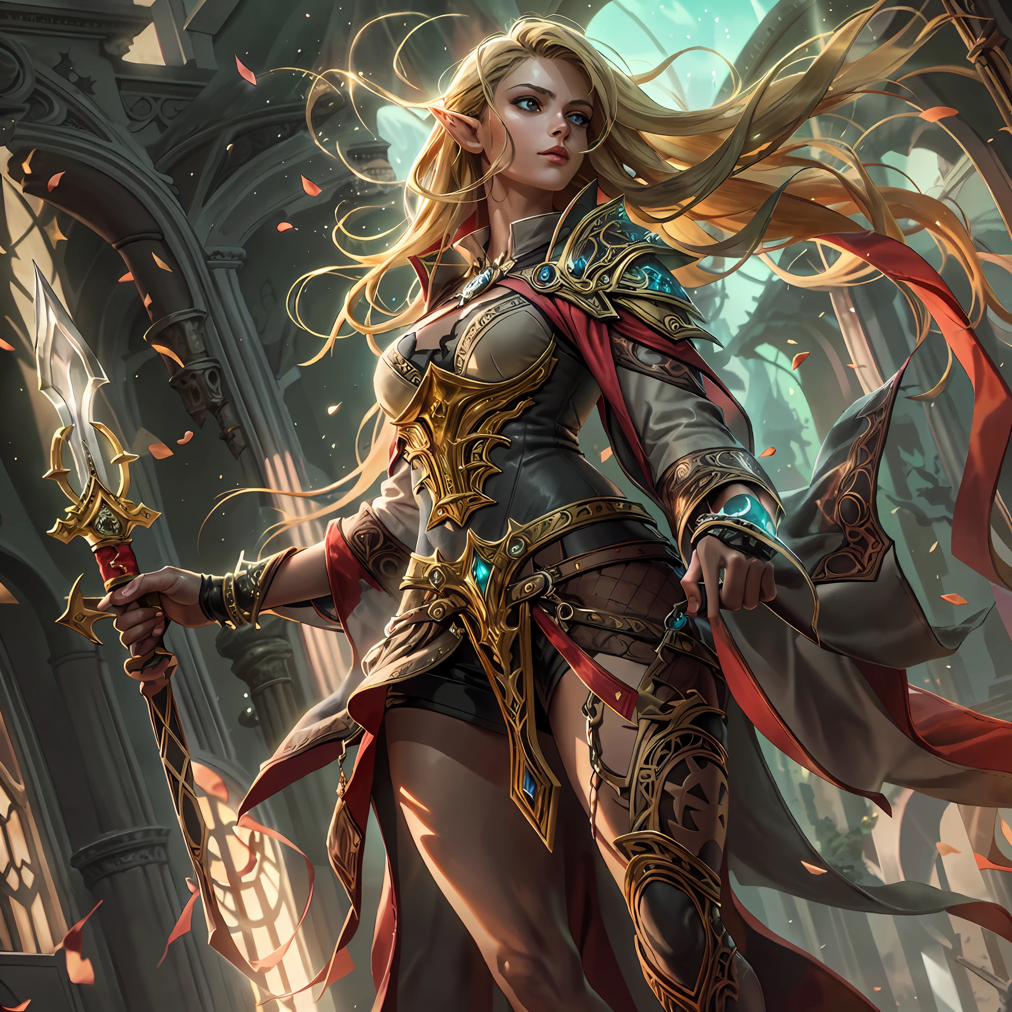 high details, best quality, 8k, [ultra detailed], masterpiece, best quality, (extremely detailed), dynamic angle, ultra wide shot, photorealistic, fantasy art, dnd art, rpg art, realistic art, a wide angle picture of an epic female elf, arcane warrior, warrior of magic, fighter of the arcana, full body, [[anatomically correct]] full body (intricate details, Masterpiece, best quality: 1.5) casting a spell (intricate details, Masterpiece, best quality: 1.5), casting an epic spell, [colorful magical sigils in the air],[ colorful arcane markings floating] (intricate details, Masterpiece, best quality: 1.5), holding an [epic magical sword] (1.5 intricate details, Masterpiece, best quality (intricate details, Masterpiece, best quality: 1.5) holding epic [magical sword glowing in red light(intricate details, Masterpiece, best quality: 1.5). in fantasy urban street),(intricate details, Masterpiece, best quality: 1.5), a female beautiful epic elf wearing elven leather armor(intricate details, Masterpiece, best quality: 1.5), high heeled leather boots, ultra detailed face,  thick hair, long hair, dynamic hair, fair skin intense eyes, fantasy city background (intense details), sun light, backlight, depth of field (1.4 intricate details, Masterpiece, best quality), dynamic angle, (intricate details, Masterpiece, best quality: 1.5), high details, best quality, highres, ultra wide angle