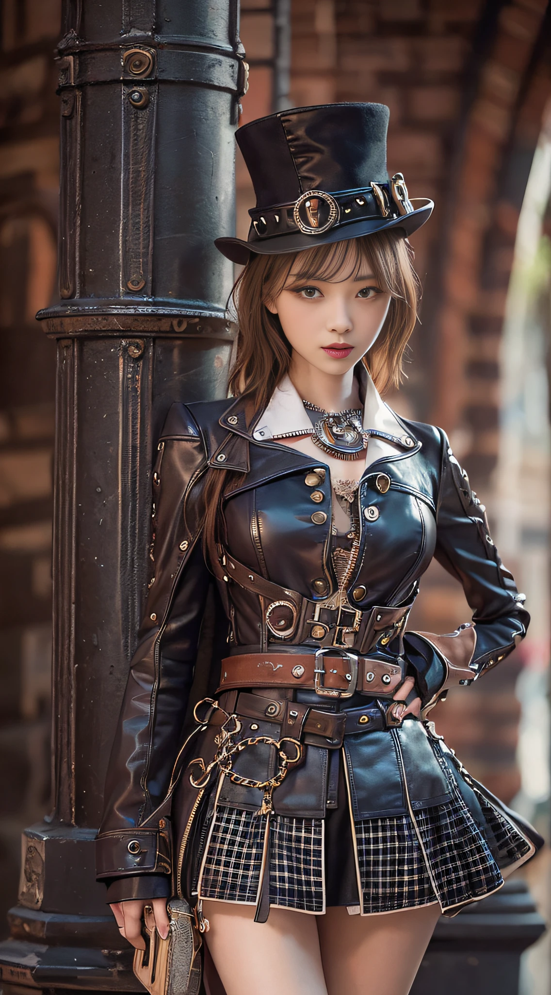 Cute Girl, Leather Costume, Knee shot, Exposure boom, Steampunk Pin-Up Girl, Steampunk girl on a garter belt, Steampunk beauty, Steampunk Goddess, Steampunk style location, Steampunk costumes,. Wearing a steampunk dress, closeup portrait shot, steampunk inventor girl, High-quality close-ups,
NSFW, 8k RAW photo, The highest image quality, masutepiece, ultra-quality, Film grain, Natural Skin Texture, realistic eyes and face details, Full lips, lip stick, (make up), Red Eye Shadow, short fluffy hair, hair messy, Smile, Full Mouth, nice legs, Tall Woman, (backgroung details), slim, Slim Nice Legs, One, cleavage, Cleavage legs, One, cleavage, Hip Look Pose, Very short skirt, hip, Shirt, Hip Look Pose, Skirt, hip, Shirt, (backgroung details), Burberry Plaid, plaid skirts, (((very small chest))), Shirt with a little cleavage, Blurred background explanation: Burberry, Pleated skirt, depth of fields
