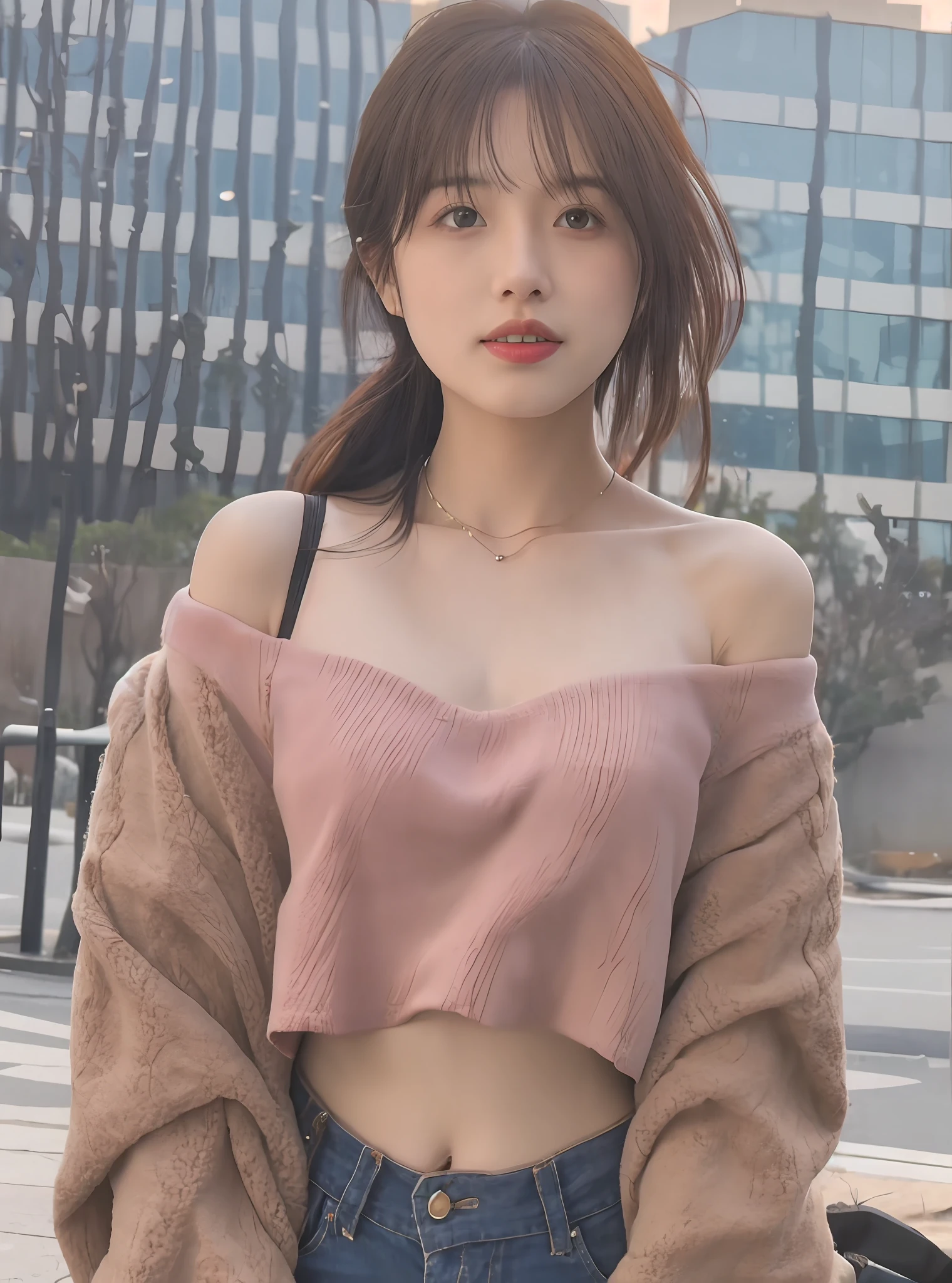 mix4,(8K,RAW photos,best qualtiy,tmasterpiece:1.2),(realisticlying,photograph realistic:1.37),1girll,adolable,view over city,the night,Sateen,soggy,profesional lighting,photon maping,Radio City,physically-based renderingt,shyexpression,Bandeau,Crop topping,Off-the-shoulder cropped top