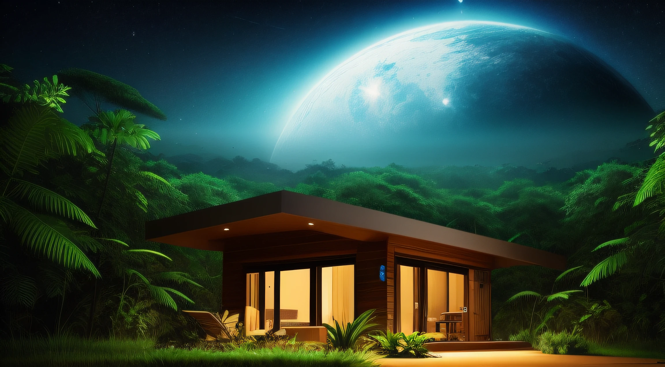 A modern cabin in the jungle on an alien planet...,scenary,attractive,elaborate,high-res,Night sky,photorealistic portrait,analog style