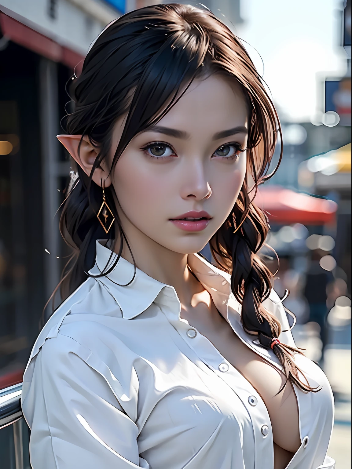 Ultra-detailed complex 3D rendering of face, (Colossal: 8.8), (masterpiece, top quality, octane rendering, 8K), glamour shot full body image, very beautiful young elf, cleavage, (very detailed skin: 1.2), (exposure: 1.1), brown-haired, ((wearing a plummeted open shirt of white silk: 1.10)), beautiful Caucasian woman with black skin with full soft breasts with big buttocks, Single, long braided hair, big breasts, dynamic angle, mystical expression, ultra-realistic photo, (((portrait)))), bare feet, futuristic urban background, facial muscles, detailed and beautiful queen gold crown, in the style of Marvel Comics, ArtStation trends, clear focus, studio photography, intricate details, very detailed, detailed red eyes, very detailed, Sharp Focus, Digital Rendering, Professional, Abs, Dark Grey Background,