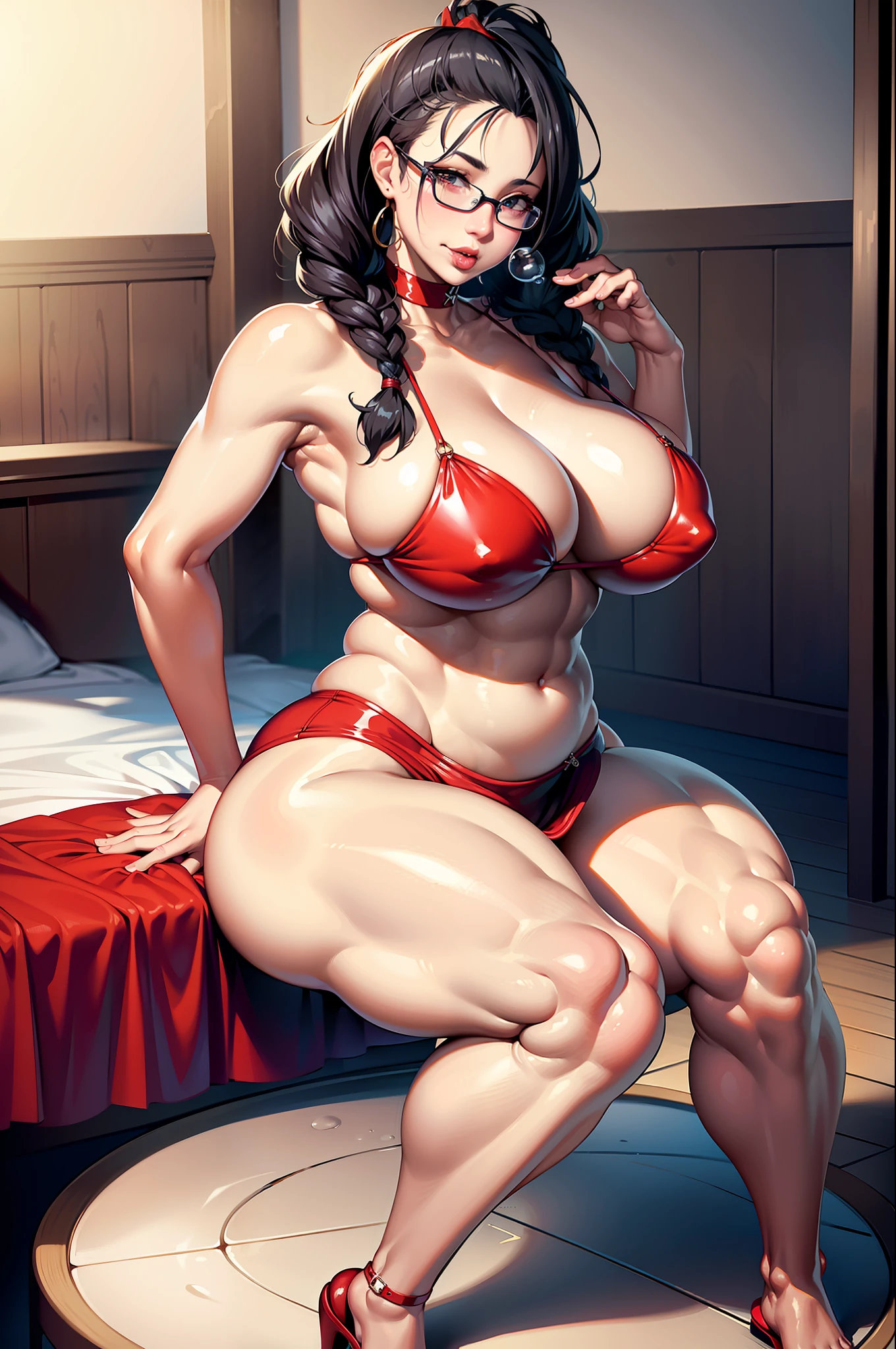 Hot mom,独奏,(:1.3),thick thight,upper legs,Wide buttock,dent in the skin,Double tail,curlies,ssmile,cheerfulness,(Red latex apron:1.2),cparted lips,plumw,exposed midriff,protruding areolas,gigantic cleavage breasts,4K,realistic humid skin,Armpits,Large curved hips,a variety of poses,Stick out a very long tongue,Fleshy figure,with perfect legs,Hypertrophic,protruding areolas,,Bronzed skin,detailed lips,bubble butt,Dewy,mouth drool,Lick,Place your fingers between your legs,Hungry and thirsty housewives,erected,Wrinkles,Clean the room,Eyes look at the lens,A shy look,Blushing aunt,Two braids,Smooth skin,Very meticulous clothes,Intriguing set,extremly high detail,A detailed face,Gloss on lips