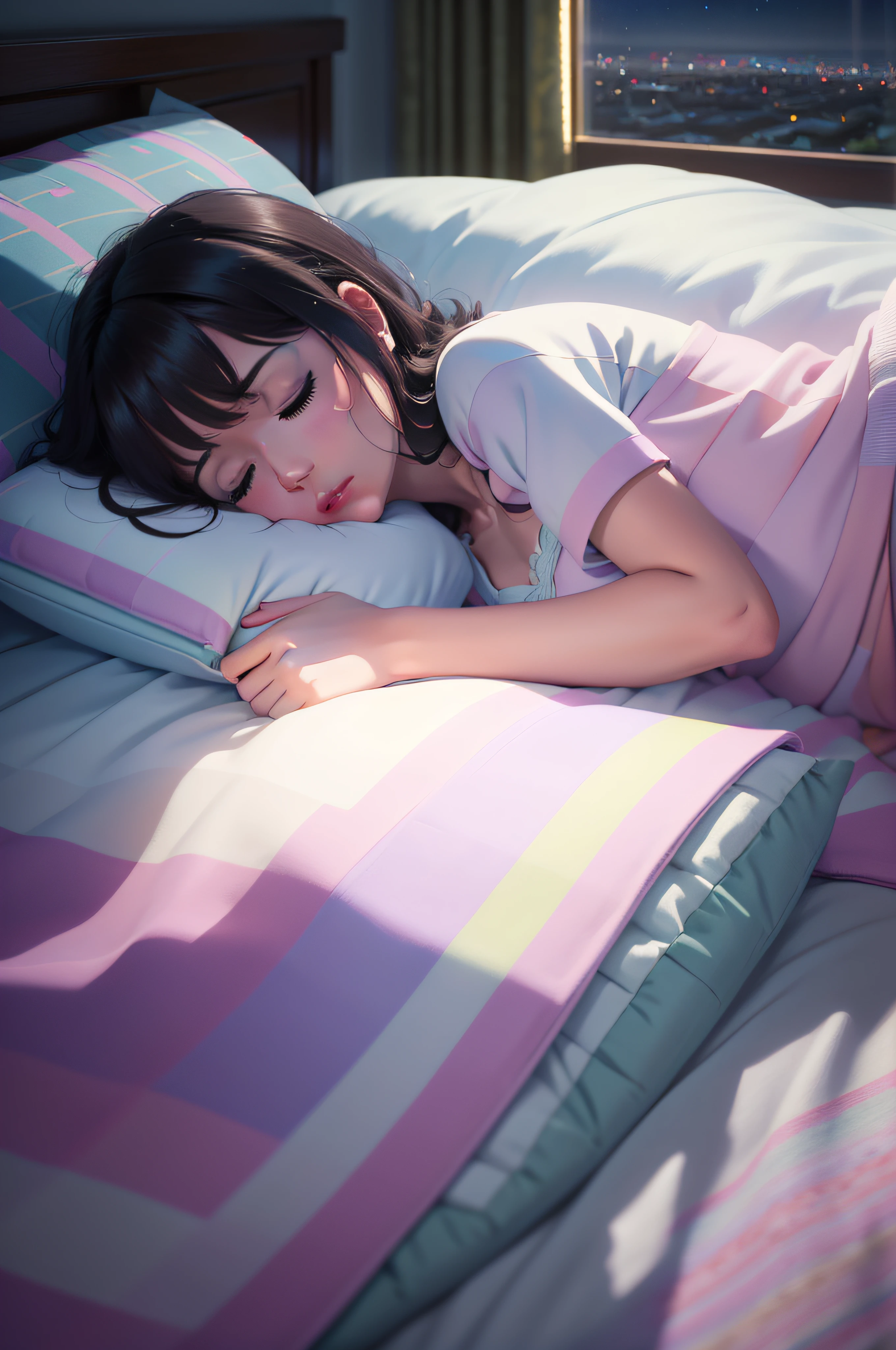 (Best Quality), ((Masterpiece)), (Illustration), (Ultra-detailed), 1Girl, Solo, Sleeping, pijama, Warm light source effect, A girl with, pillow, pillow, (colors: pastel:1.3), night sky