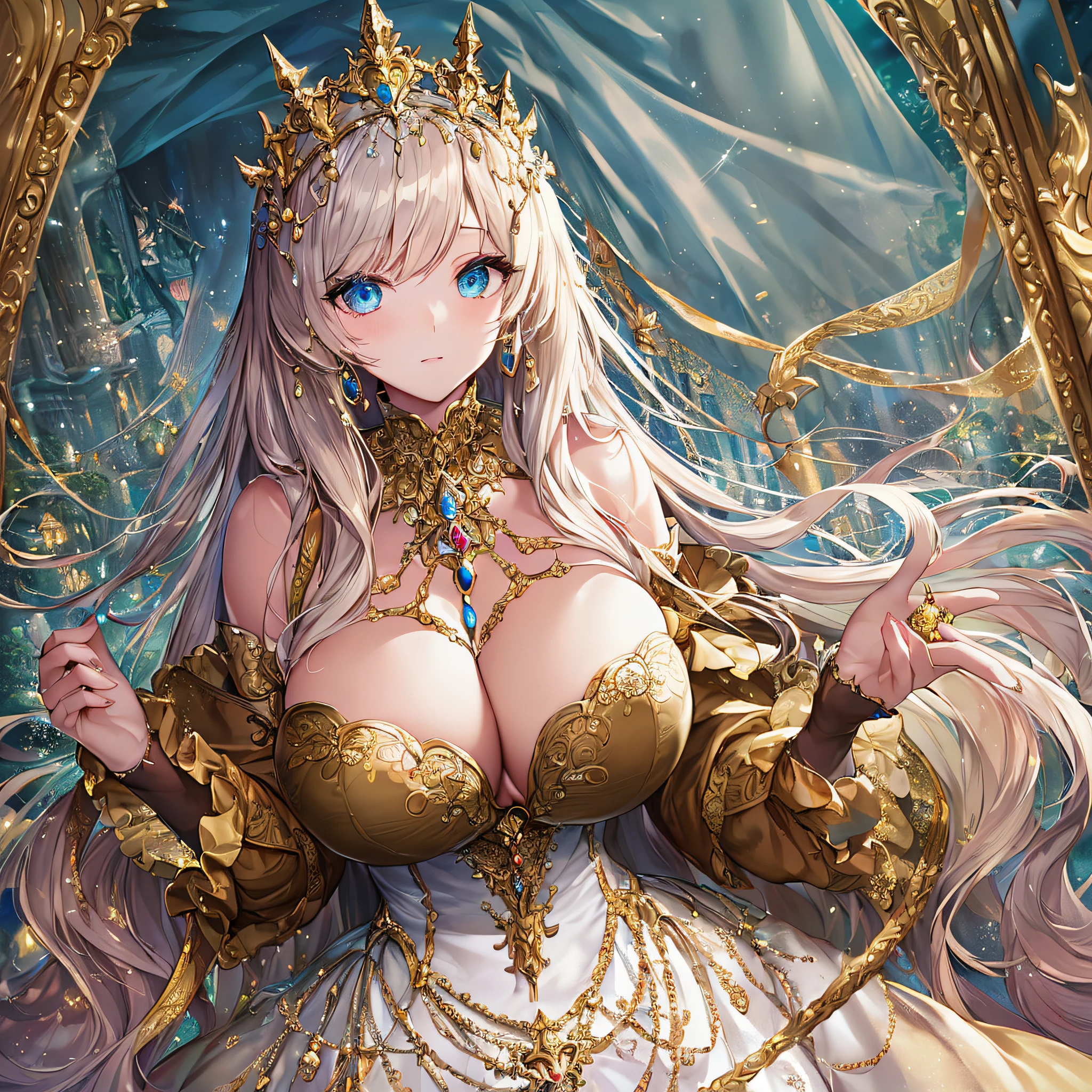 ((anime artstyle)),(Masterpiece),(Best Quality), (Super Detail),((Very Delicate and Beautiful)),(((Solo))),((full body)),(((1 bling-bling princess in beautiful embroidery and jeweled gorgeous rococo ball gown dress with voluminous full length hoop skirt))),((bling-bling)),Long train,(bling-bling gorgeous gemstone jewelry),detailed face and eyes,jewel-like eyes,((extremely voluminous Very Long Hair,Straight Hair)),((gigantic tits,Long tits)),cleavage,(gorgeousfull embroidery and lace),gorgeous corsage,See-through,extremely gorgeousfull hair ornament,bling-bling extremely gorgeousfull jeweled tiara,ornate ruffles,(hoop skirt,crinoline),((Dynamic Angle)),Looking at viewer,((full body)),((beautiful embroidery and jeweled extremely gorgeous rococo ball gown dress with voluminous full length hoop skirt))