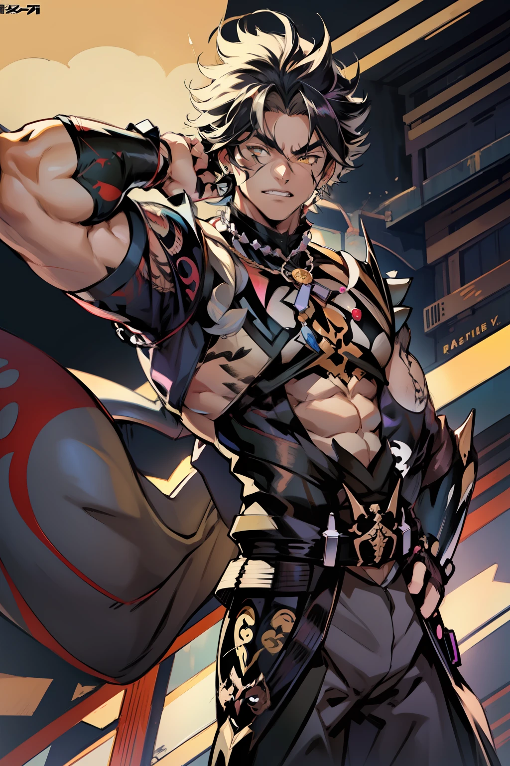 《the original god》Arataki Kazuto , male people，，((Masterpiece)), ((Best quality)), Ultra detailed,((illustration)), Dynamic Angle, Detailed light, (Delicate eyes), Floating, 1boy, Male focus, Head, Clothing, Yellow eyes, necklace, tattoo, (Forehead:0.8), (ahoge:0.8), jewelry, apathy，Ray， chest muscle， Sexy , Venom symbiote for your body, Black mucus of the body , （into venom）, Venom，frontage，style of anime4 K， 4K anime wallpaper， Badass anime 8 K， 4 k comic wallpaper， young anime man， Anime boys， Anime wallpapers 4 k， Anime wallpaper 4K， High quality anime art style， Anime moe art style， Anime art wallpaper 8 K， Anime art wallpaper 4 K， RGB lighting