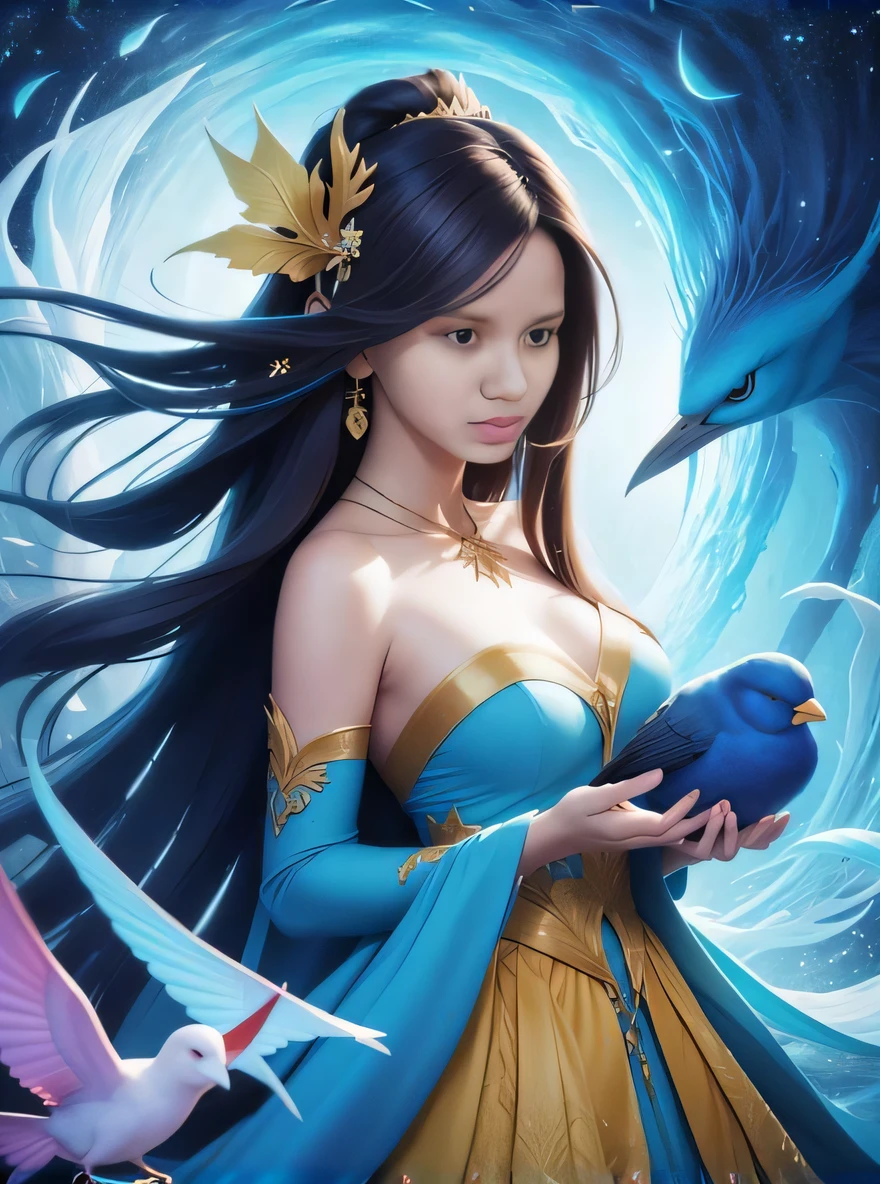 a woman in a blue dress holding a bird and a bird, Artgerm e Ruan Jia, estilo de arte de fantasia, estilo de artgerm, bela arte de fantasia, Ruan Jia e Artgerm, Artgerm e Atey Ghailan, artgerm detalhado, arte de fantasia muito bonita, anime fantasy illustration, trending artgerm, pintura de personagem bonita
