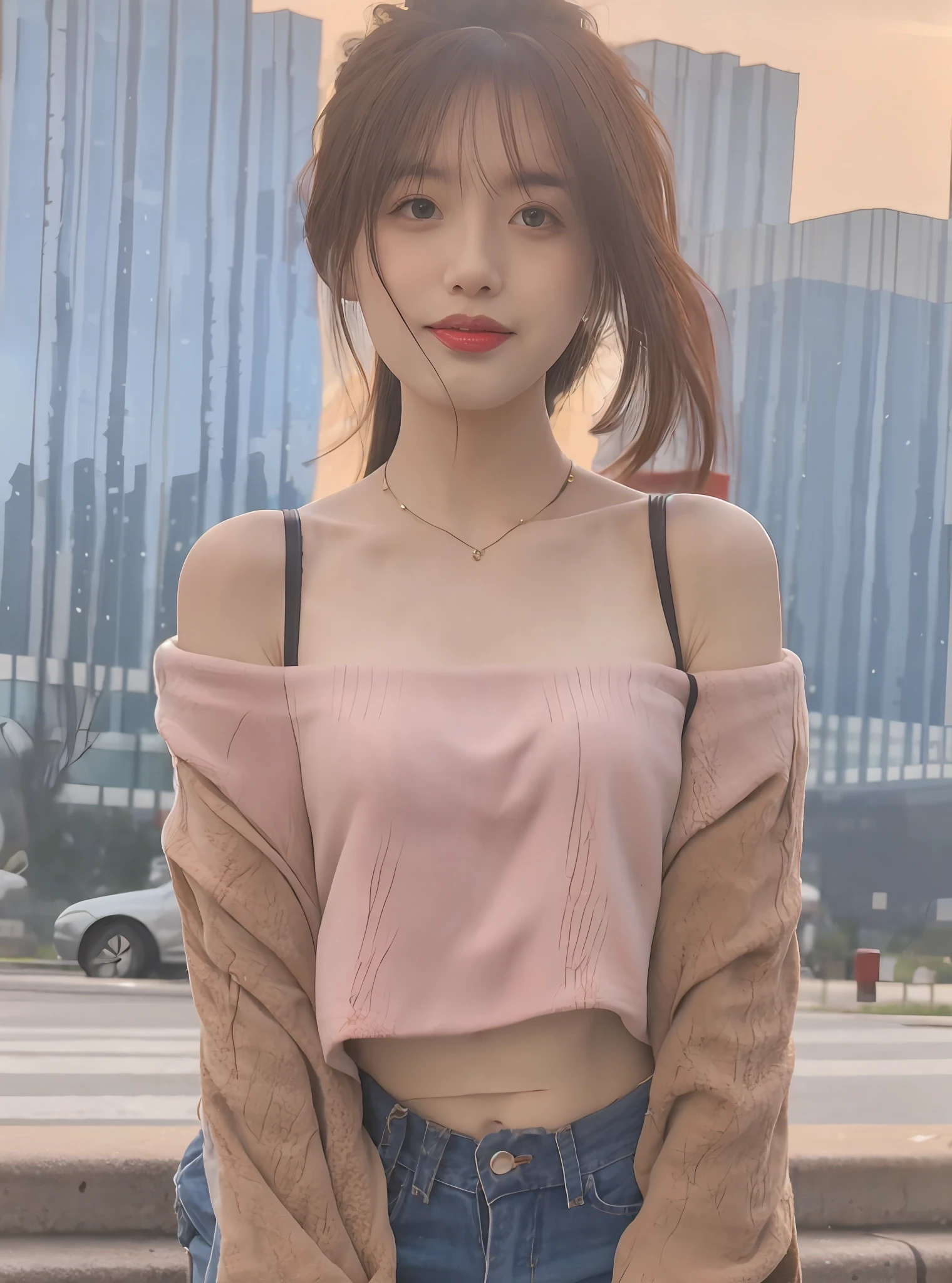 mix4，（8K，RAW photos，best qualtiy，tmasterpiece：1.2），（realisticlying，photograph realistic：1.37），1girll，adolable，view over city，the night，Sateen，soggy，profesional lighting，photon maping，Radio City，physically-based renderingt，shyexpression，Bandeau，Crop topping，Off-the-shoulder cropped top