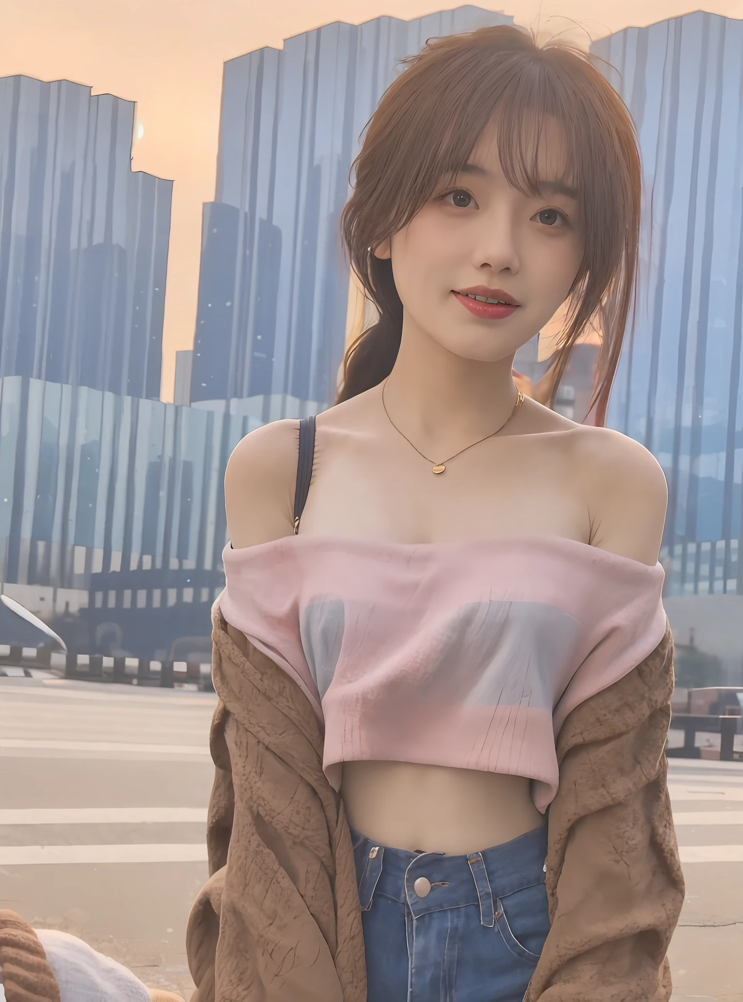 mix4,(8K,RAW photos,best qualtiy,tmasterpiece:1.2),(realisticlying,photograph realistic:1.37),1girll,adolable,view over city,the night,Sateen,soggy,profesional lighting,photon maping,Radio City,physically-based renderingt,shyexpression,Bandeau,Crop topping,Off-the-shoulder cropped top