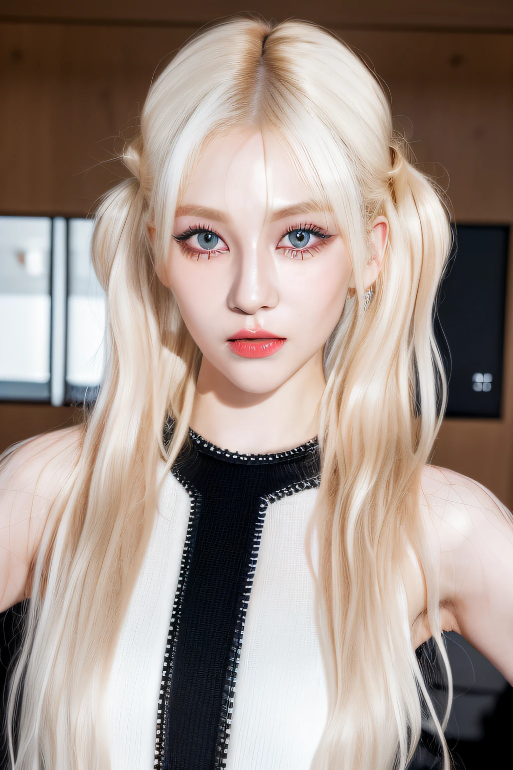 (8k, 4k, best quality, highres, ultra high res:1.1), (masterpiece, realistic, photo-realistic:1.1), 1girl, face, close-up, twintails, blonde hair, black eyes, red lips, (looking at viewer:2), absurdly long hair, long eyelashes, eyeshadow, small face, big eyes,
bare shoulders,
high contrast,