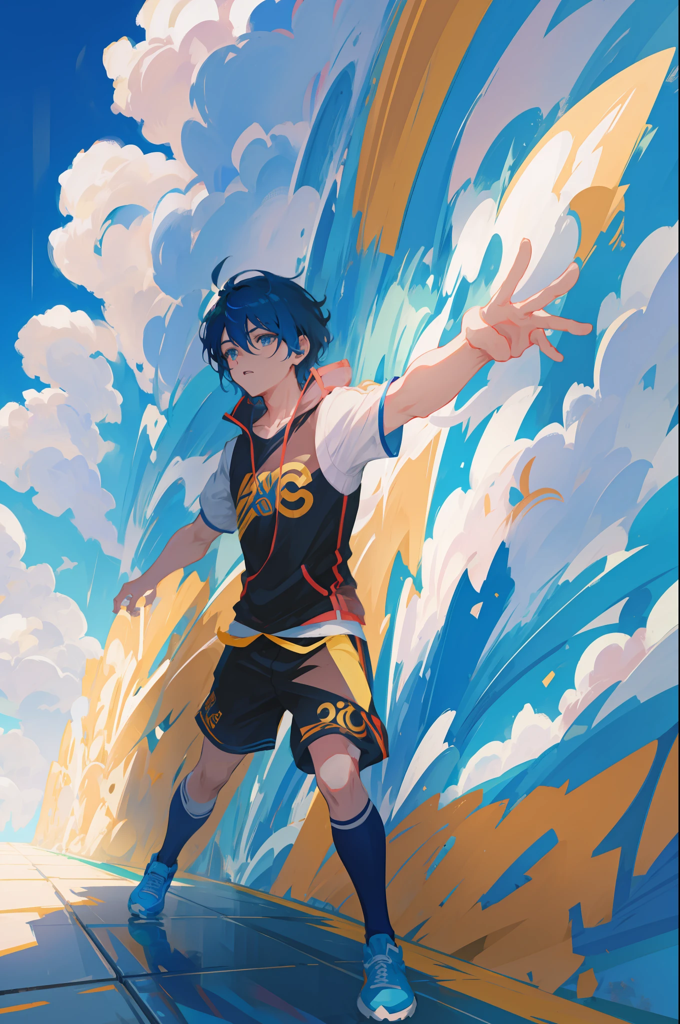 Anime Boy running with a blue soccer ball on xão, Anime Voador Esper, hero 2 d fanart artsation, Anime Art Wallpaper 8K, Artgerm e Atey Ghailan, Epic anime style, estilo anime 4K, arte anime de alta qualidade, Anime Art Wallpaper 4K, Anime Art Wallpaper 4K, Digital anime illustration, anime fantasy illustration