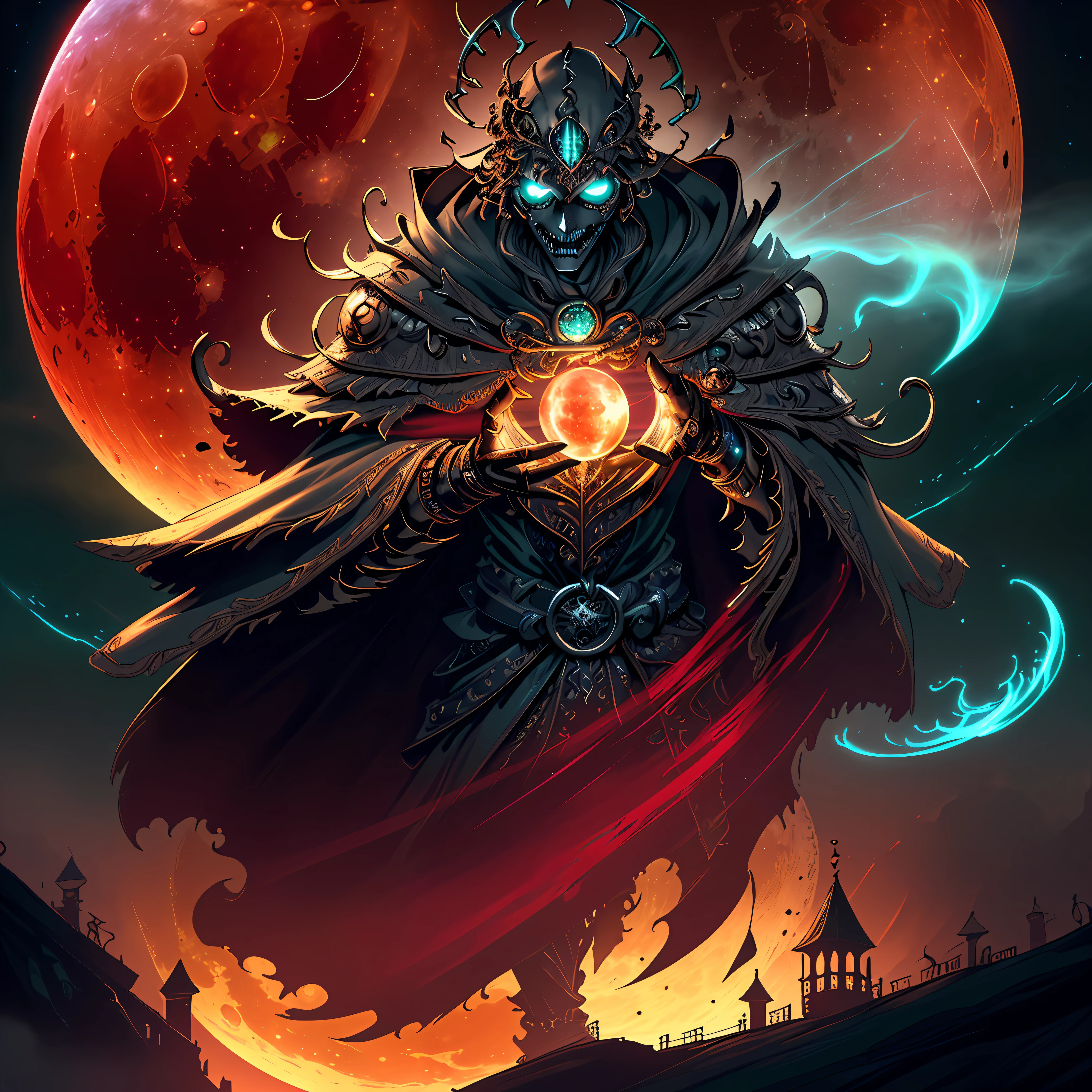 (((A jaded and plotting ancient automaton:undead lich centered in the foreground))), ((clockwork filigree)), ((bioluminescent eyes)), (((ephemeral robes))), (((extravagant full helm))), ((corrupted bioluminescent filigree ankh necklace)), dark fantasy, dark atmosphere, graveyard, ((night)), bioluminescent bat swarm, volumetric lighting, best quality, masterpiece, intricate details, tonemapping, sharp focus, very detailed, trending on Artstation 4k, realistic, 8k, cinematic lighting, (((Full blood moon vibrantly lighting the scene))), (((wide angle shot))), ((colorful)), ((clockwork filigree face)), (((angle from above))), ((((looking at viewer)))), professional artist, {masterpiece}, {bioluminescent halo lighting from behind}, ((sinister glowing red fog)), {Full body portrait}, {Award winning illustration}