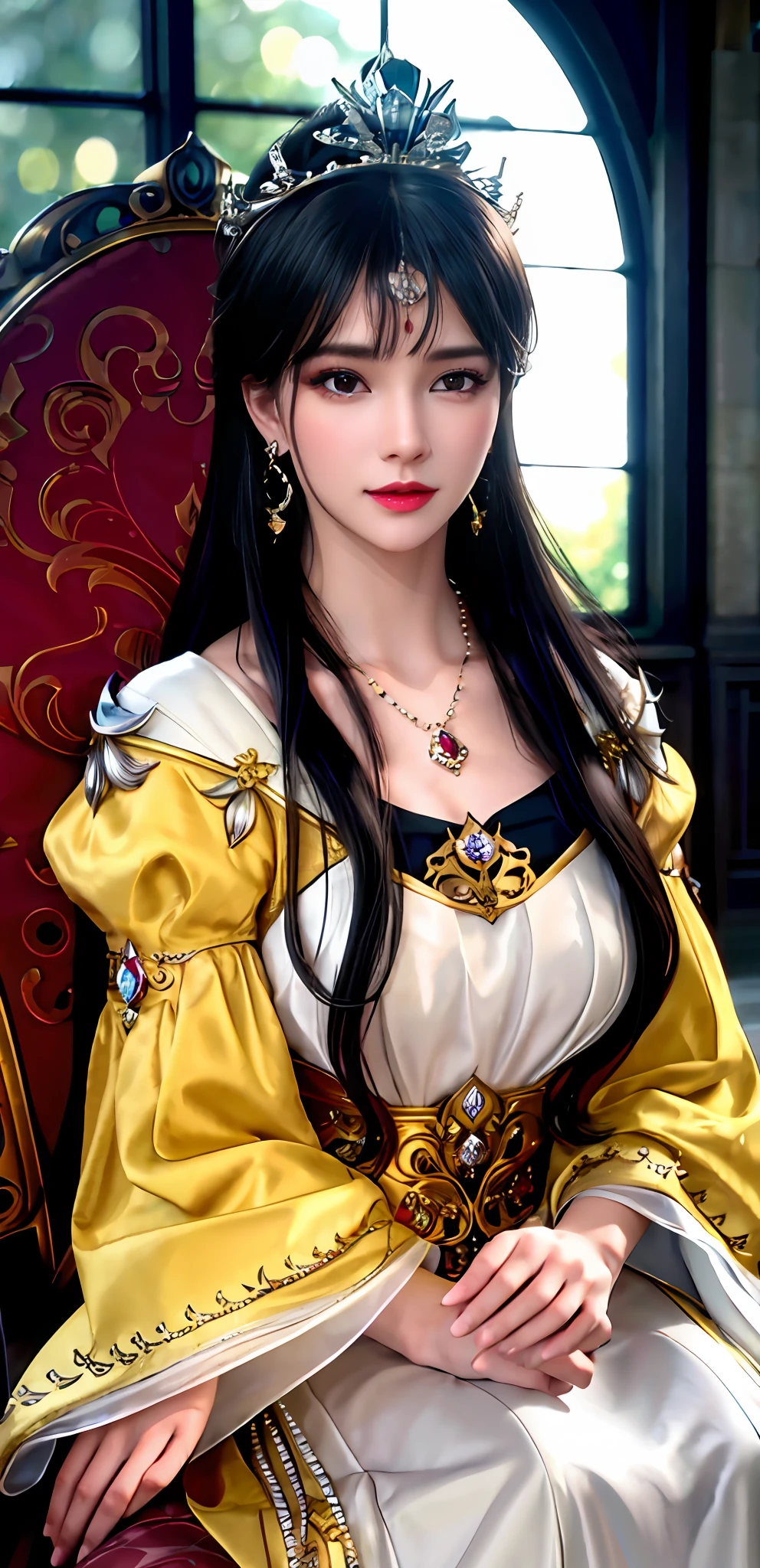 (realisticity: 1.2), ((best resolution: 8K UHD)), best quality, high quality, masterpiece, highres,cg,
1 super detailed girl, super detailed queen
, sitting on a super detailed royal throne, lud, xurious royal palace background, beautiful and detailed, super detailed long hair, wearing a beautiful and luxurious crown with diamonds and super detailed,
super detailed dress, Super detailed dress sleeves, super detailed beautiful earrings, Beautiful and beautiful necklace full of super detailed diamonds,
solo, jewelry, super detailed red and yellow dress, pretty face, beautiful, and super detailed,
, earrings, super detailed hairdo, splashing, the upper body is very super detailed, super detailed hair bun, super detailed black hair,
lighting,candid,Photograph,high resolution, 8k,Bokeh,