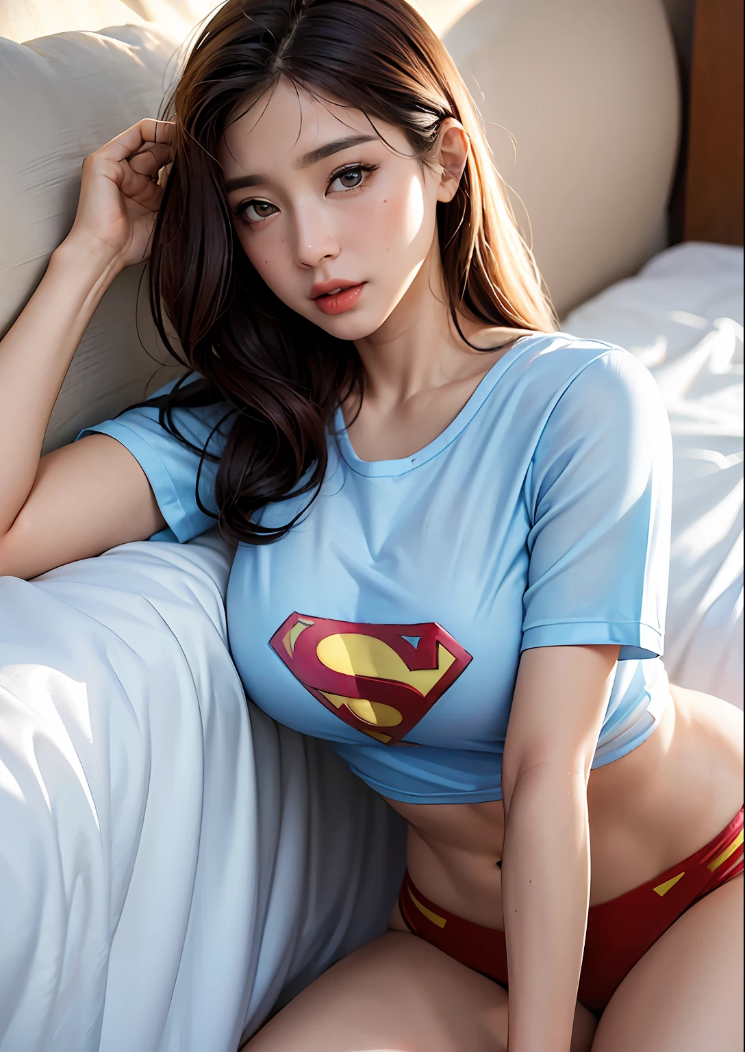 obra-prima, qualidade bset, realista, 1girl loira, (PureErosFace_V1:0.7), (8k, melhor qualidade), camisa sexy com letra S do superman no peito, mini saia, inconsciente, olhos fechados, dormindo, {{cum no rosto}}, cum_in_mouth, cum_on_hair, cum no peito, corpo inteiro, Lying in bed in a sexy position looking at you, loira .