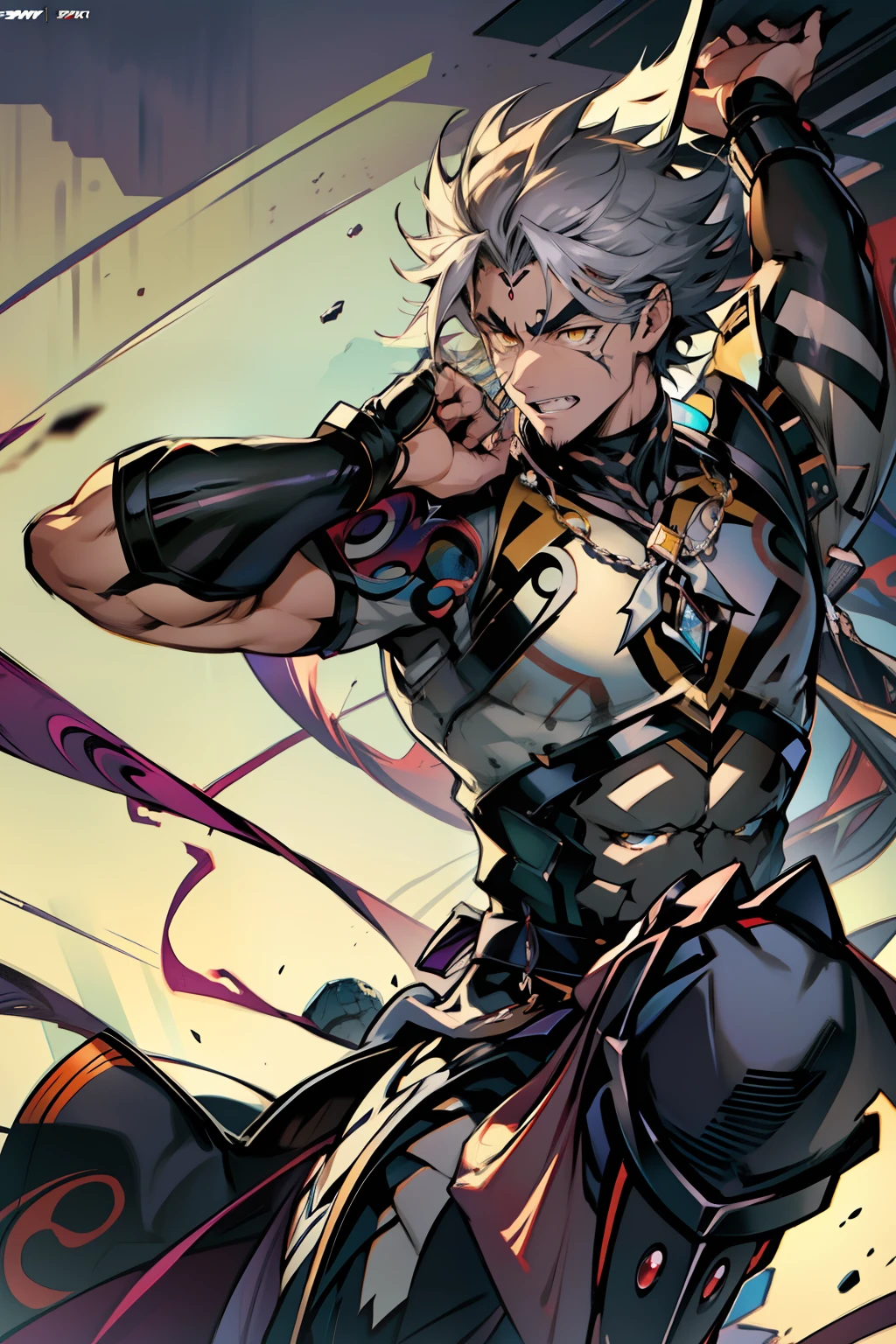 《the original god》Arataki Kazuto , male people,,((Masterpiece)), ((Best quality)), Ultra detailed,((illustration)), Dynamic Angle, Detailed light, (Delicate eyes), Floating, 1boy, Male focus, Head, Clothing, Yellow eyes, necklace, tattoo, (Forehead:0.8), (ahoge:0.8), jewelry, apathy,Ray, chest muscle, Sexy , Venom symbiote for your body, Black mucus of the body , (into venom), Venom,frontage,style of anime4 K, 4K anime wallpaper, Badass anime 8 K, 4 k comic wallpaper, young anime man, Anime boys, Anime wallpapers 4 k, Anime wallpaper 4K, High quality anime art style, Anime moe art style, Anime art wallpaper 8 K, Anime art wallpaper 4 K, RGB lighting