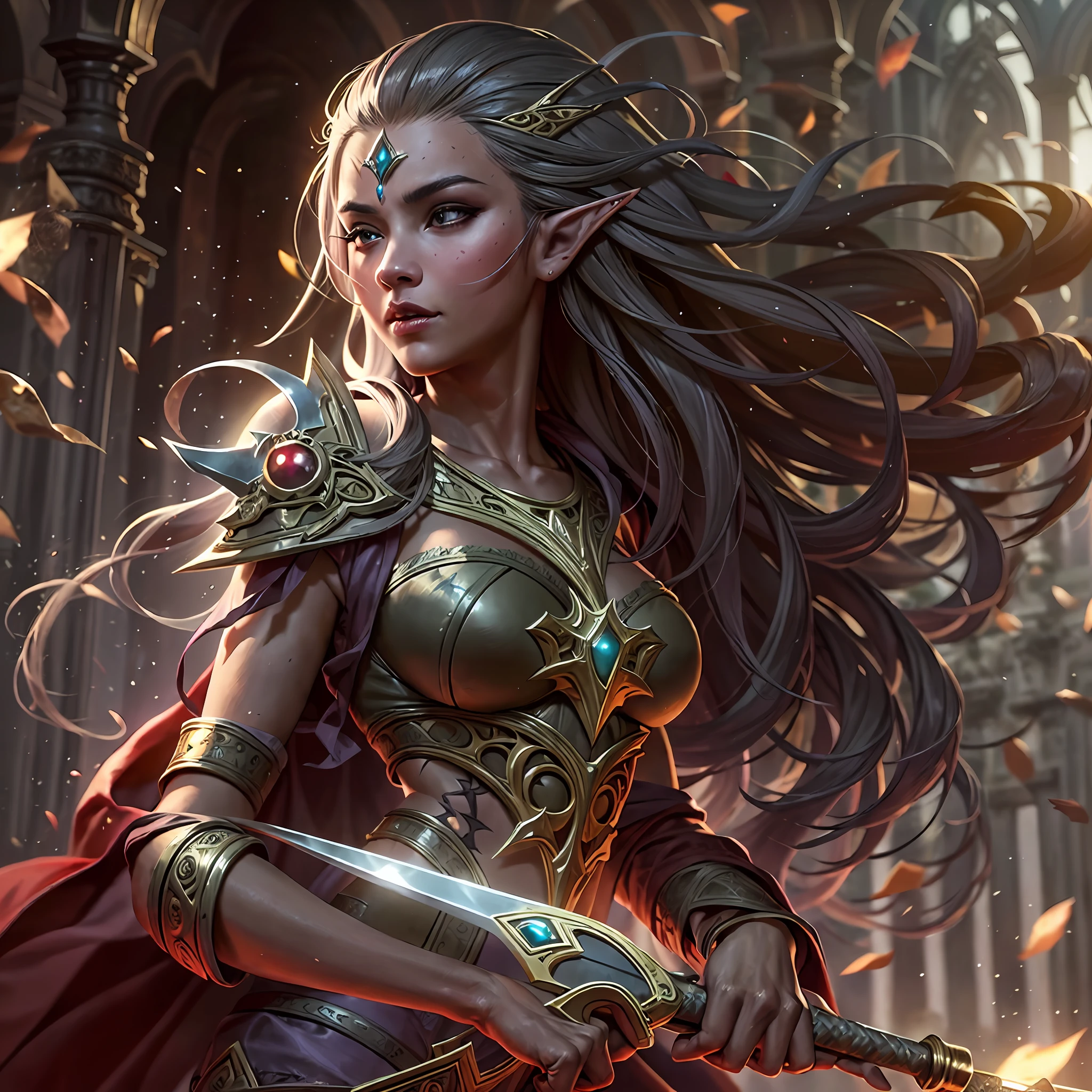 high details, best quality, 8k, [ultra detailed], masterpiece, best quality, (extremely detailed), dynamic angle, ultra wide shot, photorealistic, fantasy art, dnd art, rpg art, realistic art, a wide angle picture of an epic female elf, arcane warrior, warrior of magic, fighter of the arcana, full body, [[anatomically correct]] full body (intricate details, Masterpiece, best quality: 1.5) casting a spell (intricate details, Masterpiece, best quality: 1.5), casting an epic spell, [colorful magical sigils in the air],[ colorful arcane markings floating] (intricate details, Masterpiece, best quality: 1.5), holding an [epic magical sword] (1.5 intricate details, Masterpiece, best quality (intricate details, Masterpiece, best quality: 1.5) holding epic [magical sword glowing in red light(intricate details, Masterpiece, best quality: 1.5). in fantasy urban street),(intricate details, Masterpiece, best quality: 1.5), a female beautiful epic elf wearing elven leather armor(intricate details, Masterpiece, best quality: 1.5), high heeled leather boots, ultra detailed face,  thick hair, long hair, dynamic hair, fair skin intense eyes, fantasy city background (intense details), sun light, backlight, depth of field (1.4 intricate details, Masterpiece, best quality), dynamic angle, (intricate details, Masterpiece, best quality: 1.5), high details, best quality, highres, ultra wide angle