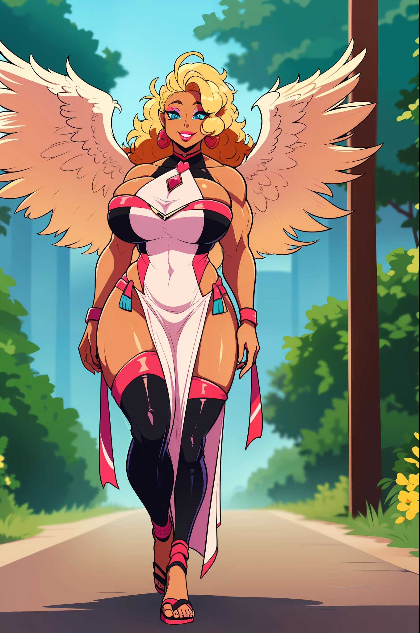 blond hair, sexy hair, muscle girl huge breast, revealing cloths, darkskinned-female, makeup, red lips, bimbo, angel, cupidon, long dress, walking, angel wings,flipflops, sexy smile, pants