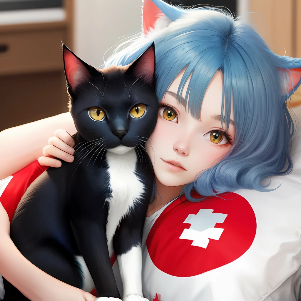 Blue hair Red Cross cat