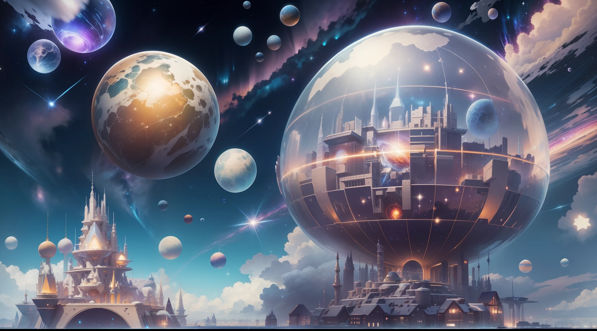 Starry sky, Towns and megastructures surrounded by crystal and glass float in space,Ice crystals,Luminous house,colorful planets,Starcloud,galactic,Faraway view,tmasterpiece,hyper-high detail,Best quality,8K,depth of fields,Incredible。