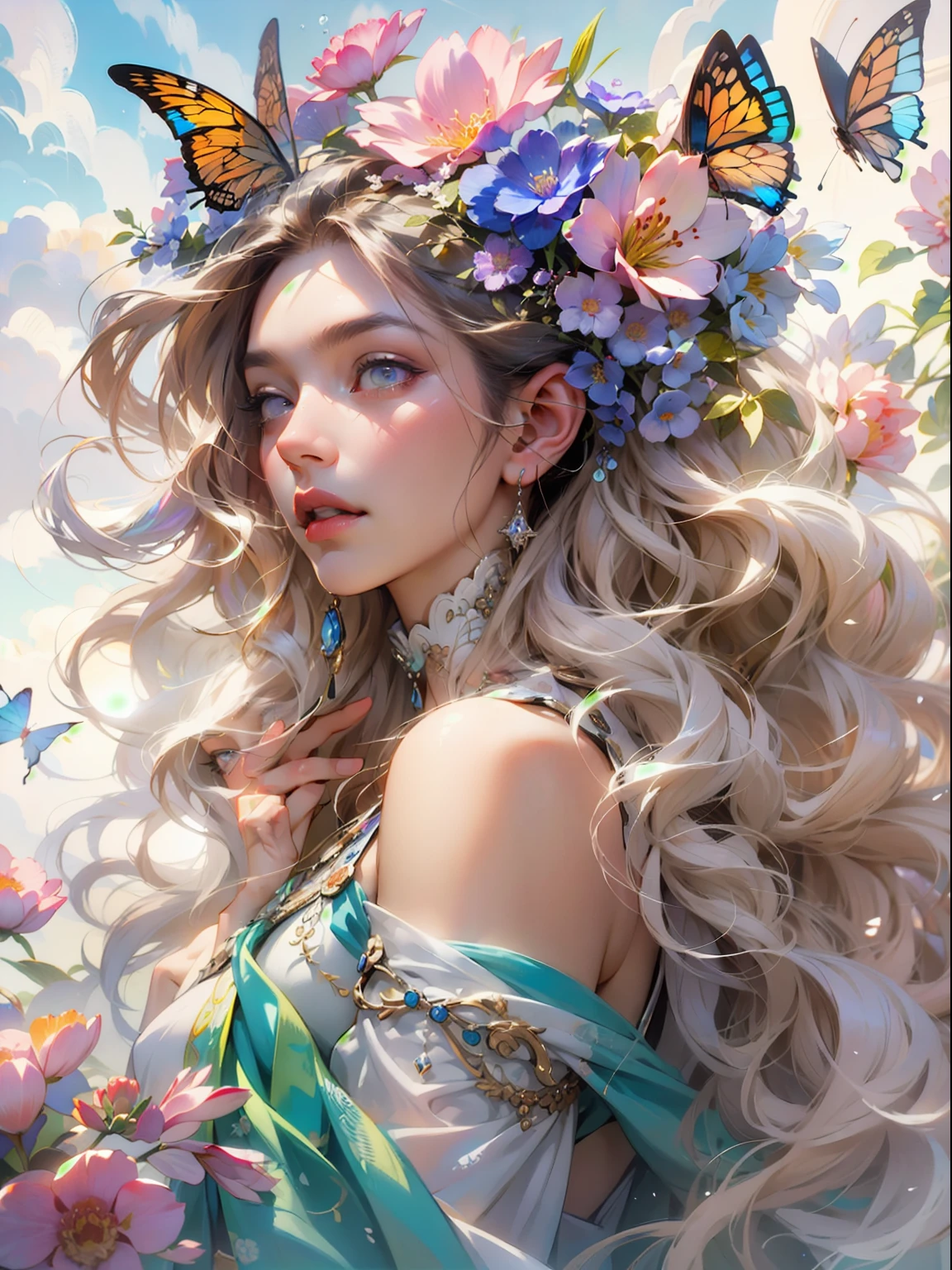 This artwork is dreamy and in the style of mythic fantasy, with soft watercolor hues in varying shades of pink, blue, and purple. Generate an ornate figure from Greek mythology and realistic skin and hair texture. Her strong, proud face has realistically shaded eyes and puffy lips, and a big mouth. Her soft, realistic hair is dancing in the breeze along with the flowers and detailed butterflies that surround her. Include highly detailed fantasy touches including a beautiful watercolor sky. Include 8k eyes, hires eyes, beautiful detail eyes, beautiful detailed eyes, and realistic eyes. Include fantasy details, enhanced details, iridescence, and colorful glitter. Pay special attention to her face and make sure it is beautifully and realistically detailed. 8k, intricate, elegant, highly detailed, majestic, digital photography, art by artgerm and ruan jia and greg rutkowski, (((masterpiece, finely detailed beautiful eyes: 1.2))), hdr, ((realistic skin texture)), rays of light, ornate flowers, dew drops, sunlight, hazy rays of sun, flowergateway style, castle, palace, archway, flowers, growing