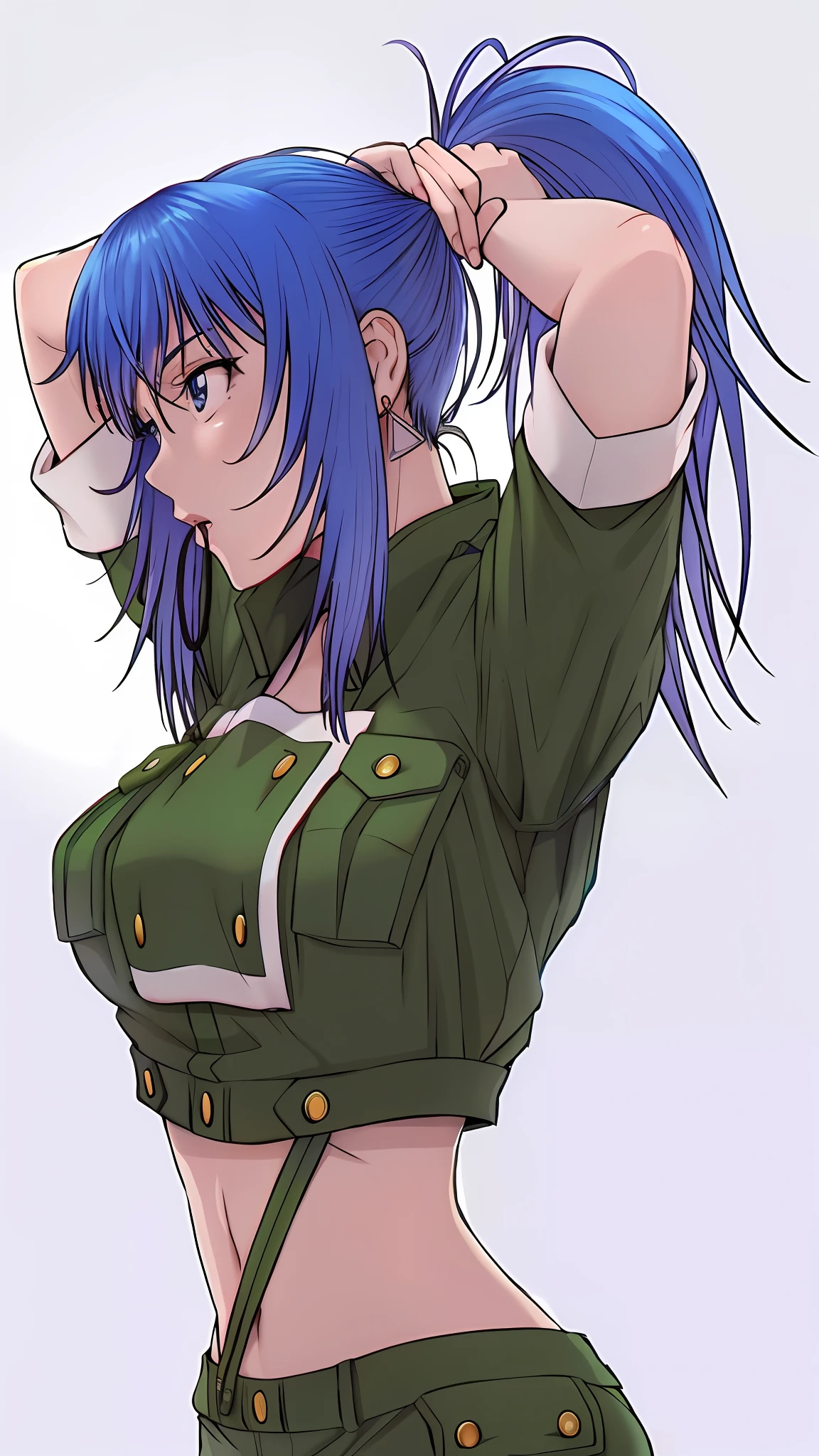 Anime girl posing for photo with blue hair and green uniform, Misato Katsuragi, inspired by Rei Kamoi, Marin Kitagawa fanart, cushart kenz, 2 d anime style, anime moe art style, fully colored, fubuki, cushart krentz, high quality colorful sketch, Kantai collection style, full-color, fus rei