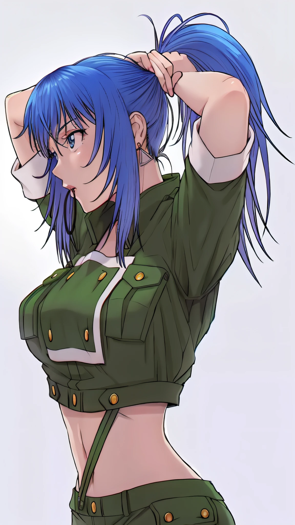 Anime girl posing for photo with blue hair and green uniform, Misato Katsuragi, inspired by Rei Kamoi, Marin Kitagawa fanart, cushart kenz, 2 d anime style, anime moe art style, fully colored, fubuki, cushart krentz, high quality colorful sketch, Kantai collection style, full-color, fus rei