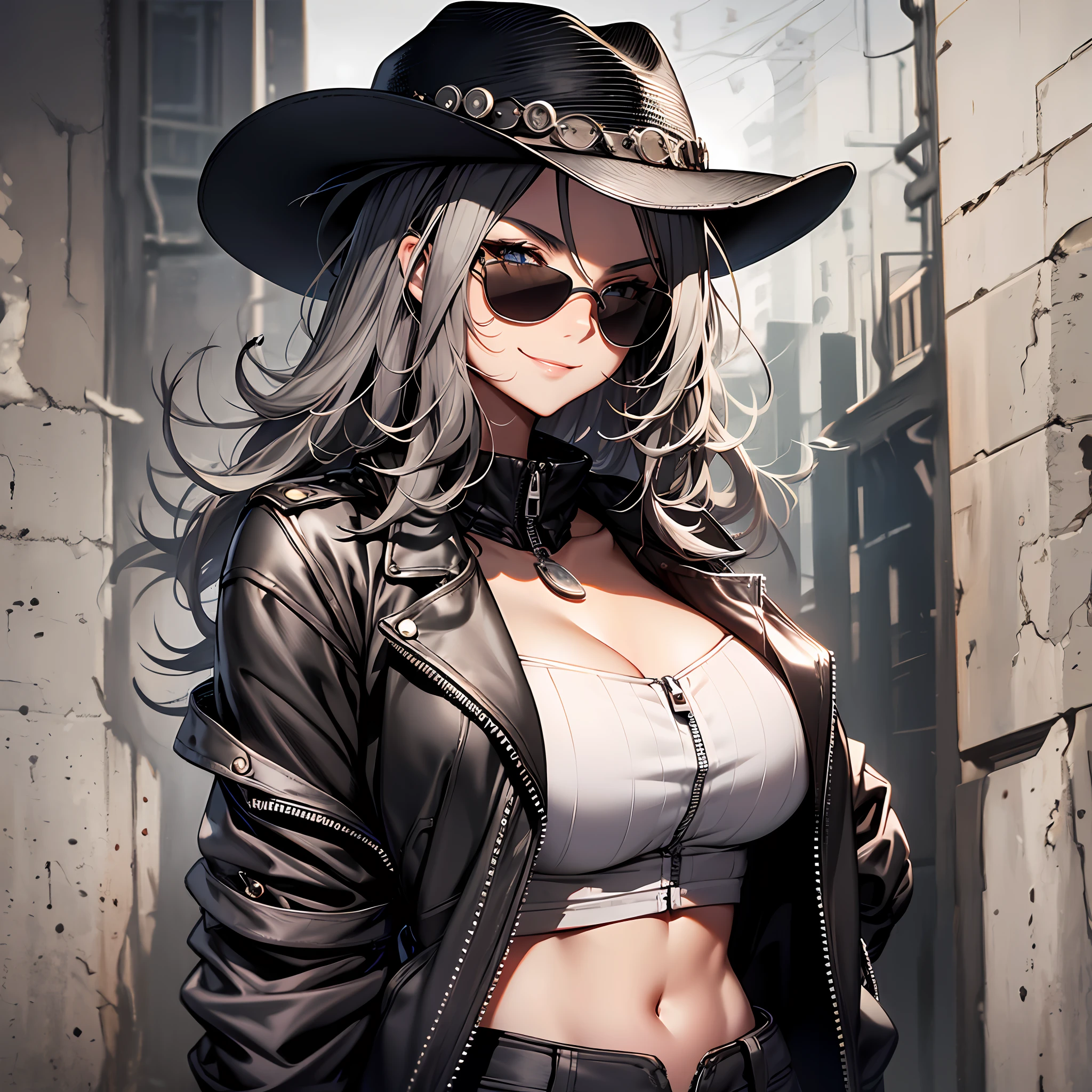 desolate western background, solo, unzipped leather jacket, wound on the cheek, cleavage, big breasts, midriff, standing, face slightly turned to the side, silver sunglasses, black hair, medium long hair, messy hair, cowboy hat, looking tough, woman, center, middle, smile, hourglass body, perfect hand, perfect anatomy