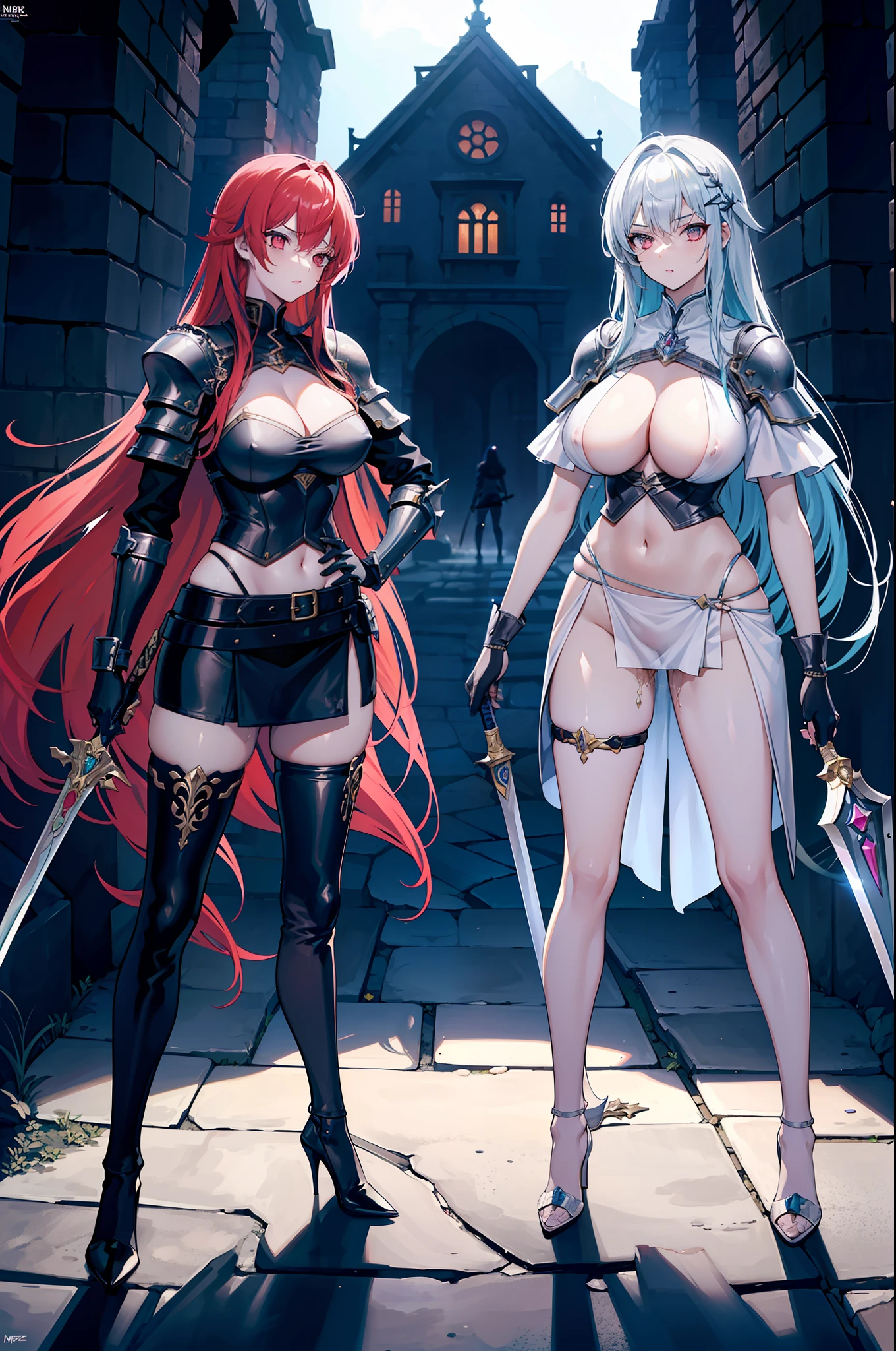 Two stunning female knights with detailed face, flawless features and slender figures vibrant multicolored hair, ample bosoms, huge breasts, detailed erect nipples, standing side by side, wearing sleek leather armor that reveals their toned midriffs, cleavage, and thighs, sexy stockings, (no panties:1.5), detailed vagina, (pussy juice:1.2). They stride confidently in high heels and don gloves, wielding a variety of weapons including swords, maces, axes, and shields. The scene exudes a sense of fantasy and takes place in an unpredictable location (NFSW).