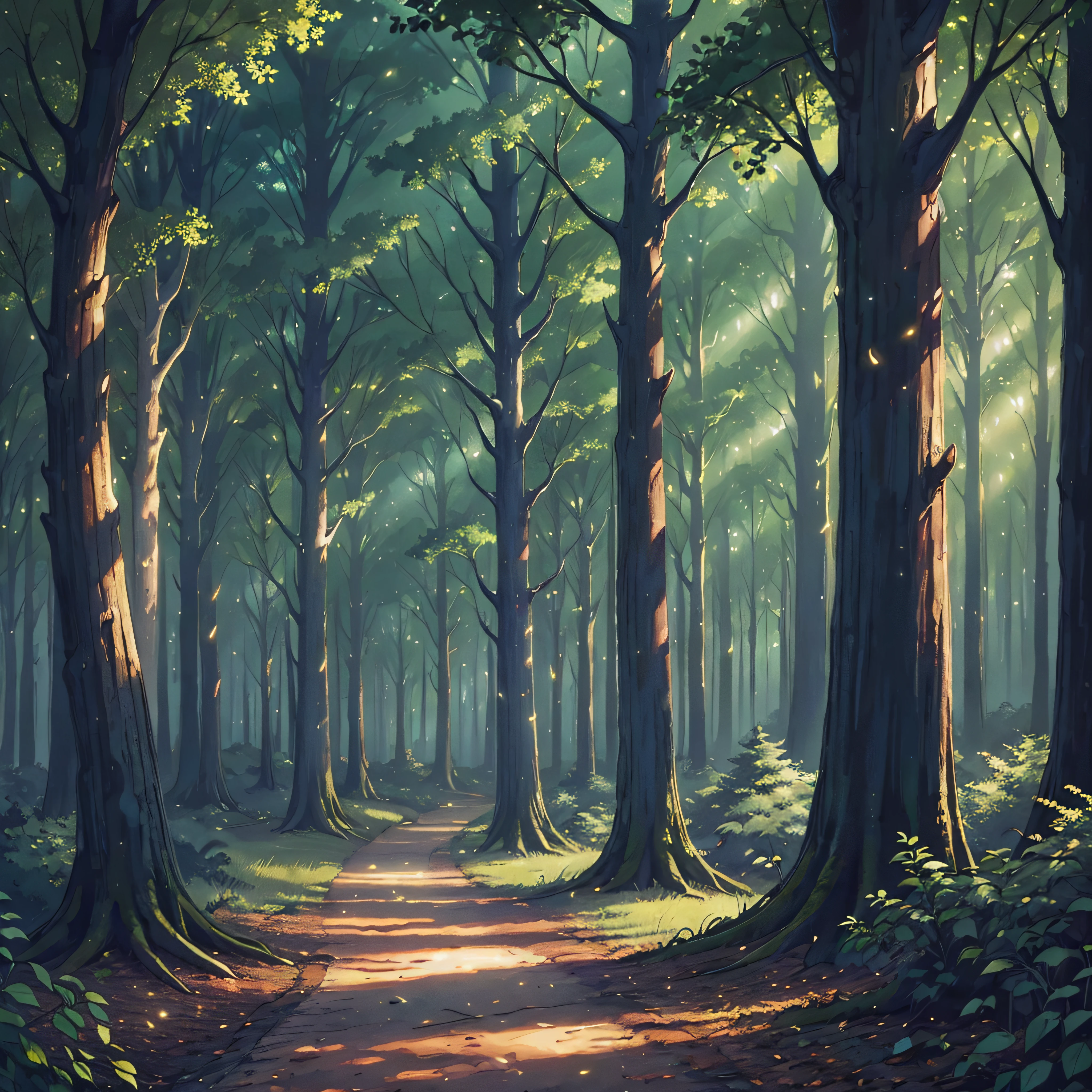 (a magical forest, at night, with many fireflies around, with large trees around)