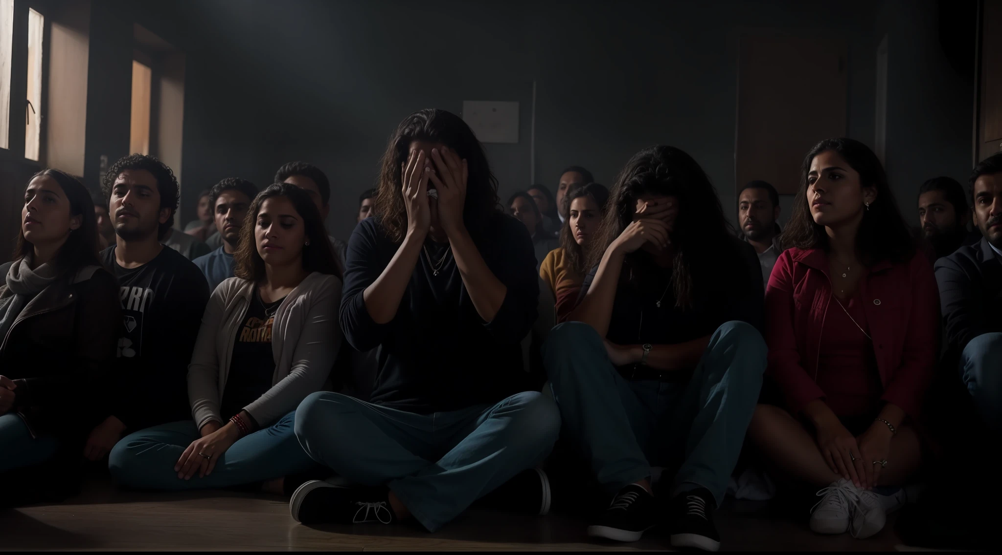 people sitting on the floor in a dark room with a person covering their face, grupo de pessoas em um quarto escuro, Bloody audience, ainda de filme de terror, ainda do filme, Tirado com Canon 5D MK4, Tirada com Canon EOS 5 D Mark IV, cultistas assistindo, Adoradores, filme ainda de um cansado,roupas rasgadas e sujas cena em chamas ao fundo.