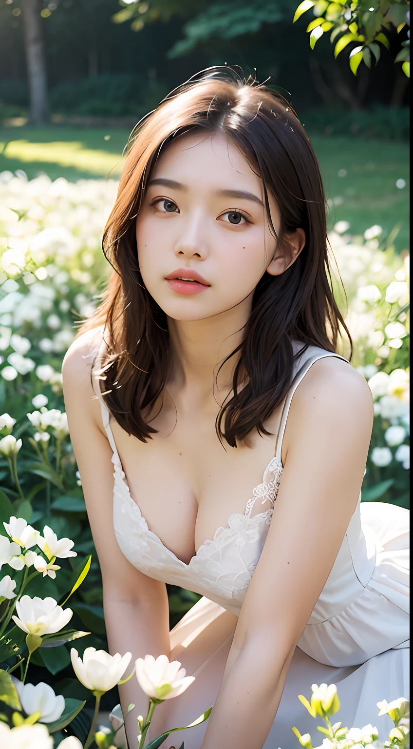 Sad theme , (Best Quality, masutepiece:1.2), 18 year old beautiful girl in the garden,pale white skin,(Ukraine:Russian:0.5),Deep cleavage pink dress, large full breasts, Crawling on green grass, (White flowers scattered on background:1.3),Eye level shots, Shoot (High detailed skin:1.2), 8K UHD, Digital SLR, lowkey, High quality, Film grain, FujifilmXT3, Lighting Glow Effect,No retouching,Realistic raw photos, The skin texture is very detailed ,No makeup,