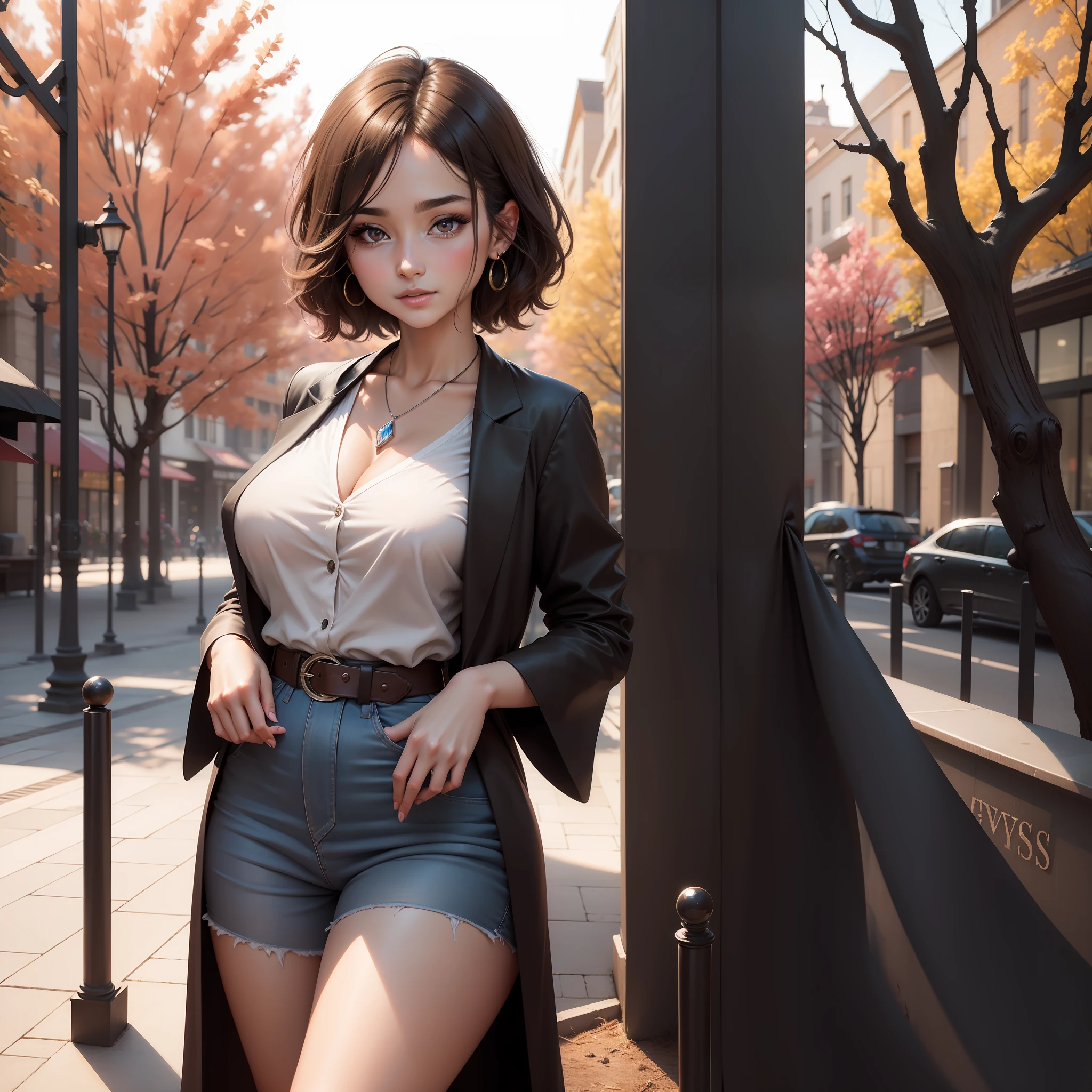 (RAW photo, best quality), (photorealistic: 1.3), masterpiece, an extremely delicate and beautiful 8k CG wallpaper, extremely detailed CG unity, huge file size, perfect-detailed, highres, absurdities, soft cinematic lighting , deep eyeshadow, soft cons, 1girl, mature woman, flirty, pretty smile, natural skin, short hair, rounded eyebrow, brown eyeballs, eyeliner, (chiffon blouse, long coat blazer: 1.2), skinny jeans, medium breasts , (thick body), hourglass bottom, wide hips, thick thighs, perfect woman body, crystal earrings, crystal necklace, standing, outdoors, clear sky, sakura trees, detailed girl, detailed fingers, eyes and perfect detailed face, beautiful detailed nose, symmetrical head, sharp focus, cinematic look, (full body, (medium full shot)), looking at the viewer, (ulzzang-6500-v1.1:0.8)