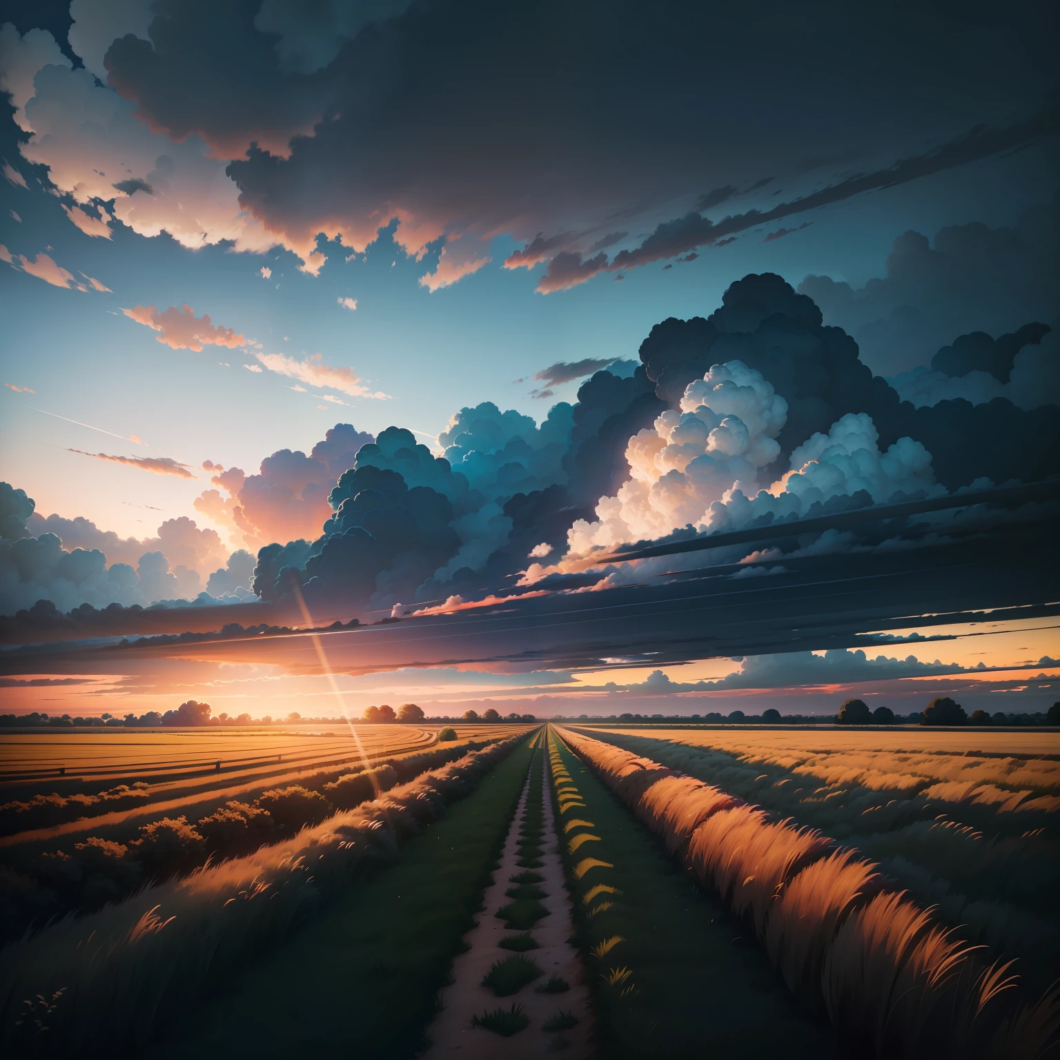 Cumulonimbus clouds in the dusk sky，Rye field transverse path，away looking，Wide perspective，Intense color，The sky occupies most of the frame，Look up at the perspective，Depth