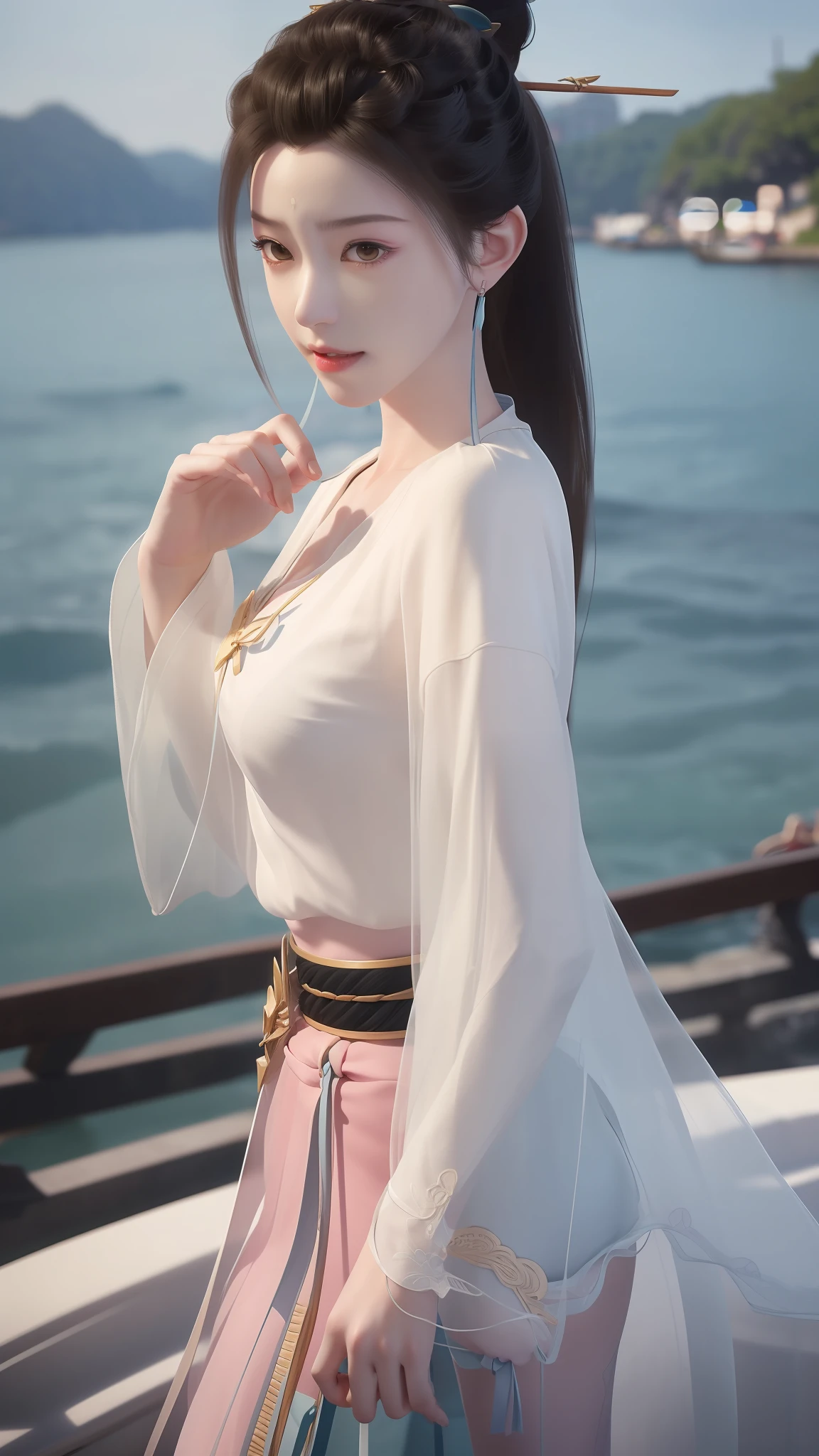 Close-up of a woman in a short skirt standing on a boat, Extremely detailed Artgerm, Range Murata and Artgerm, Style Artgerm, art-style, trending artgerm, beautiful and seductive anime woman, IG model | Art germ, Artistic germ style, 《overwatch》Anna, like artgerm