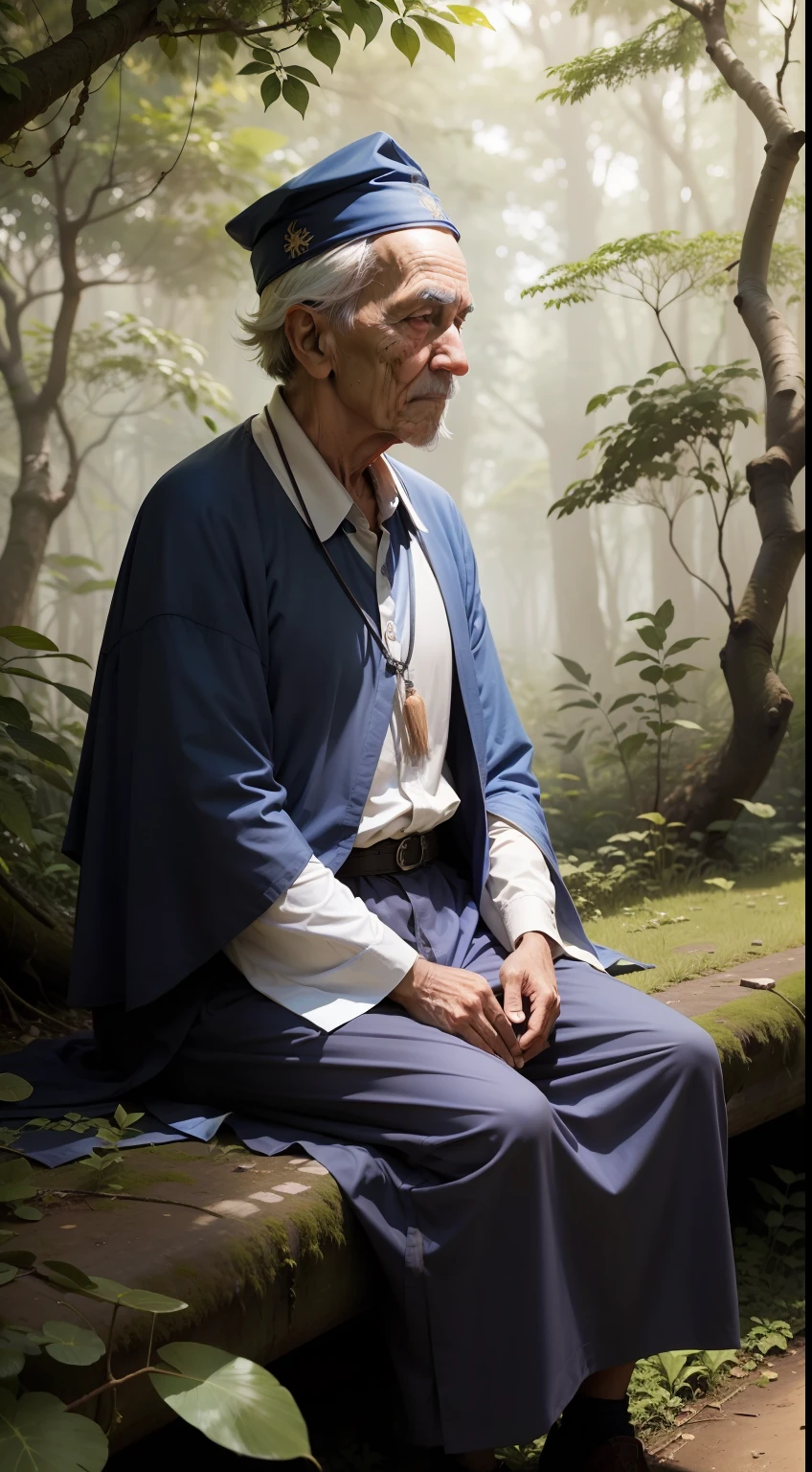 A wise elder in the middle of a lush forest, orientando um jovem sobre os caminhos da vida.