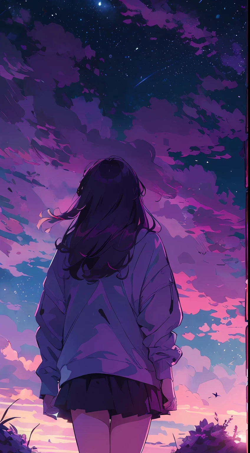 A mesmerizing scene of the night sky, a girl looking at it, from behind, (girl focus0.6),( night time:0.7) bathed in the dark purple, pinkish hues of moonlight and cloud, emanating a vibrant and awe-inspiring spectrum. Masterpiece.