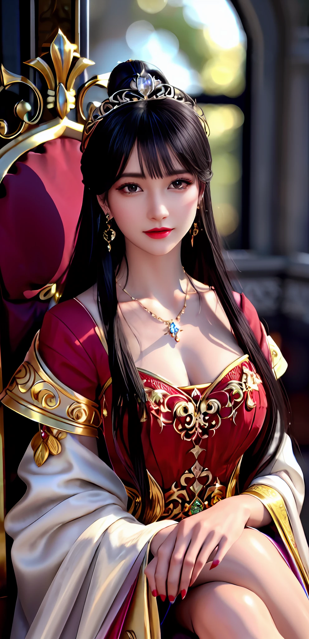 (realisticity: 1.2), ((best resolution: 8K UHD)), best quality, high quality,  masterpiece, highres,cg,
1 super detailed girl, super detailed queen

, sitting on a super detailed royal throne, lud, xurious royal palace background, beautiful and detailed, super detailed long hair, wearing a beautiful and luxurious crown with diamonds and super detailed,

super detailed dress, Super detailed dress sleeves, super detailed beautiful earrings, Beautiful and beautiful necklace full of super detailed diamonds,  
 solo, jewelry, super detailed red and yellow dress, pretty face, beautiful, and super detailed, 

, earrings, super detailed hairdo, splashing, the upper body is very super detailed, super detailed hair bun, super detailed black hair,
lighting,candid,Photograph,high resolution, 8k,Bokeh,