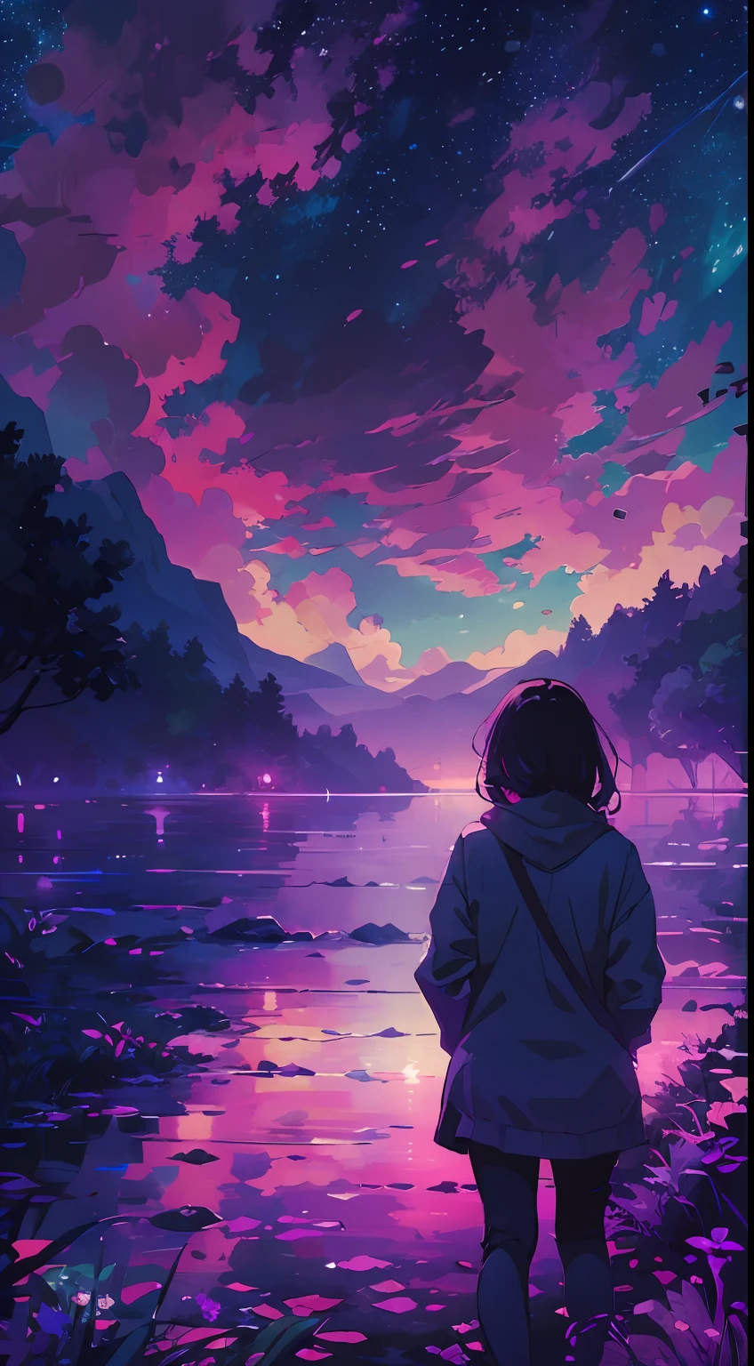 A mesmerizing scene of the night sky, a girl looking at it, from behind, (girl focus0.6),( night time:0.7) bathed in the dark purple, pinkish hues of moonlight and cloud, emanating a vibrant and awe-inspiring spectrum. Masterpiece.