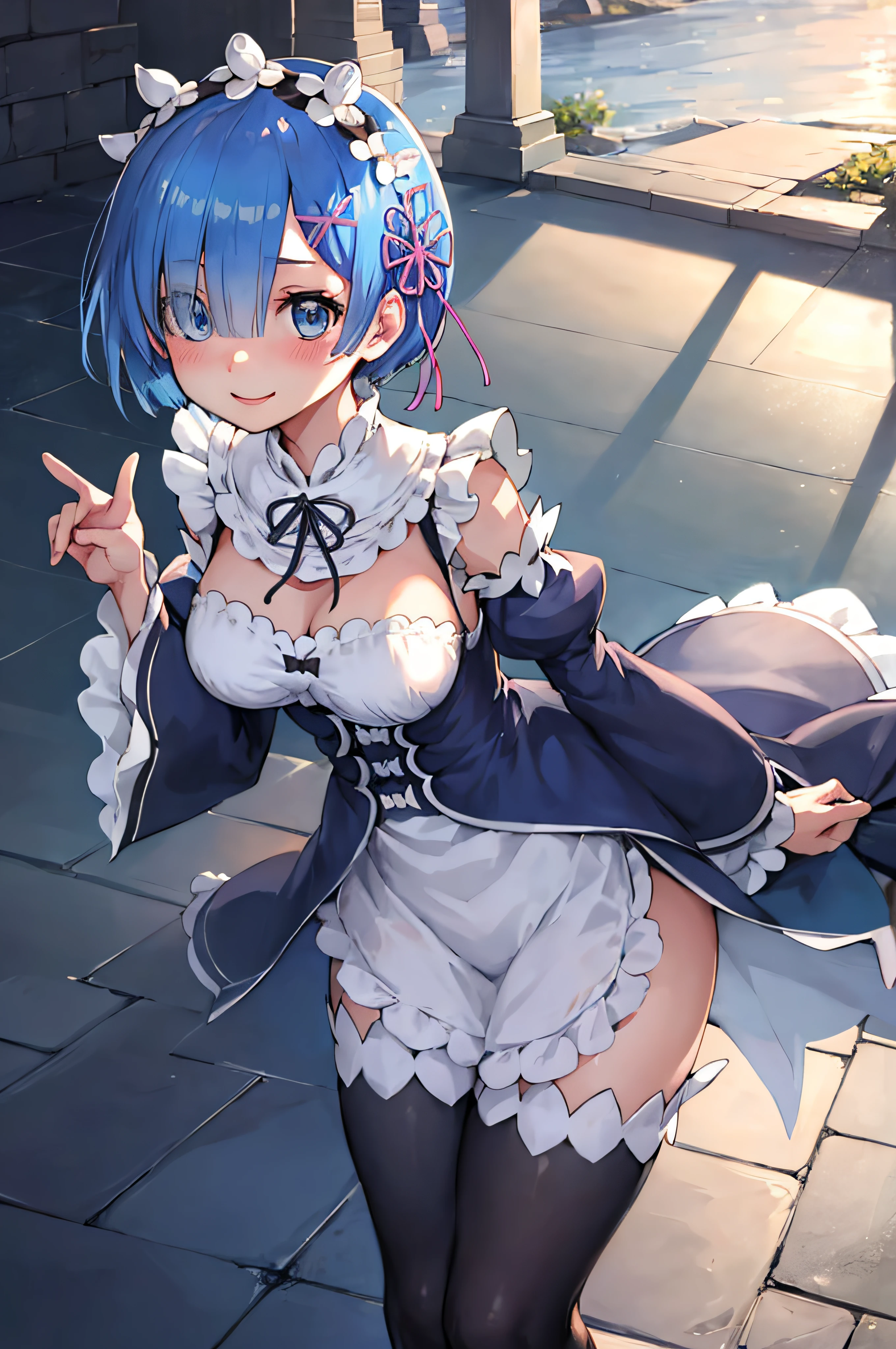 blue hair, rem \(re:zero\), [smile], blush, castle,, masterpiece, best quality, perfect lighting, 1girl, skirt, medium breasts,