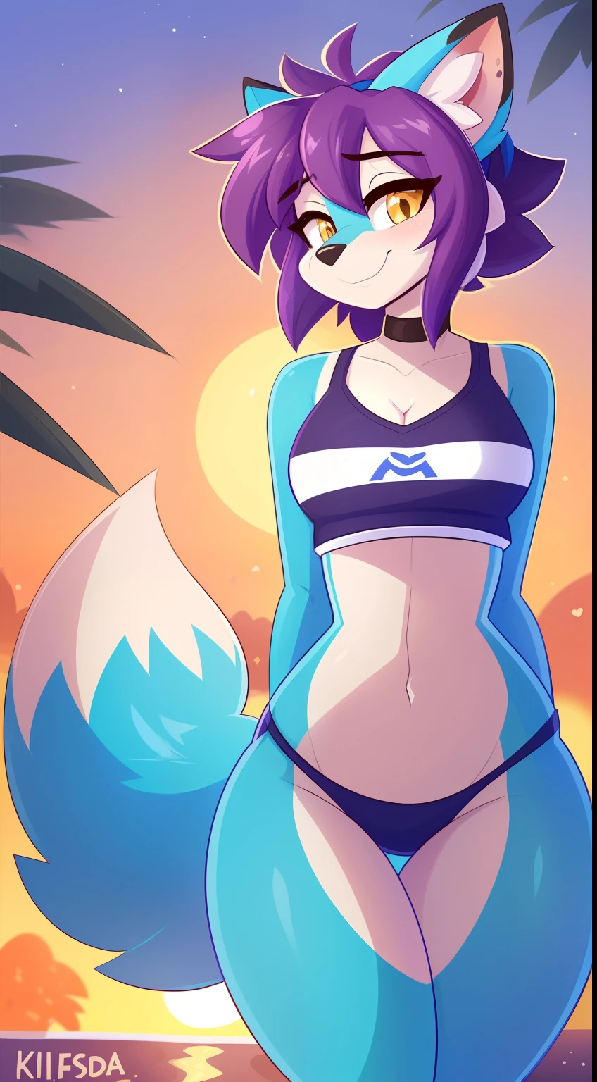 uploaded on e621, beautiful and detailed portrait of a (((feminine))) female anthro fox, uploaded to e621, ((by Kilinah, (by Coffeesoda:1.1), by Hioshiru, by Kilinah)), cenematic lighting, (((confident, seductive))), bl, fox, thighighs, medium breast, full body, sunset, beautiful, messy hair, short hair, suggestive posing, standing, purple hair, blue body, blue fur, cyan eyes, 1girl, solo, blue sportwear, blue headband, yellow eyes, lustful face, solo, 1girl, slim body, half-closed eyes