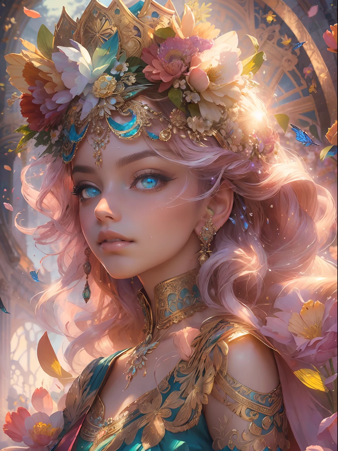 This artwork is colorful and exciting with lots of action and visual interest. Generate a strong and proud woman dressed in intricate and ornate circus garb and realistic skin and hair texture. Her eyes are beautiful and realistically shaded and her face is very proud and highly detailed with puffy lips and a huge mouth. Important: Her eyes are important and should be the highest resolution, extremely detailed, and awe-inspiring, with multiple colors and shades. The background of the image is wild and unruly, with a mix of flowers, petals, circus stuff, and colorful detritus. This image is highly ornate and full of detail. Include fantasy details, enhanced details, iridescence, colorful glittering wind. Pay special attention to her face and make sure it is beautifully and realistically detailed. 8k, intricate, elegant, highly detailed, majestic, digital photography, art by artgerm and ruan jia and greg rutkowski, (masterpiece, finely detailed beautiful eyes: 1.2), hdr, realistic skin texture, rays of light, ornate flowers, dew drops, sunlight, hazy rays of sun, flowergateway style, castle, palace, archway, flowers, growing
