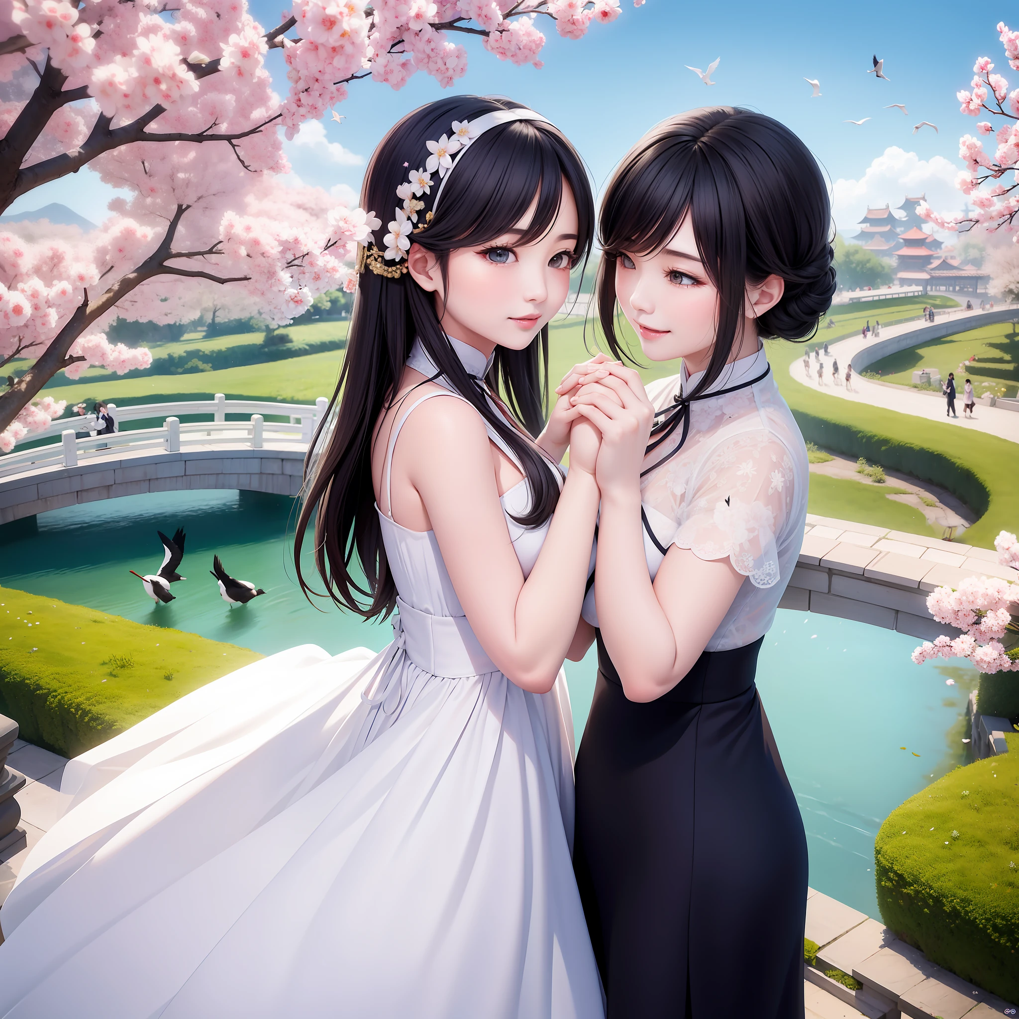 Chinese Qixi Festival A couple holding hands and affectionately facing the side face The background is a wonderland，A bridge and a flock of magpies are flying，There is a cow by the bridge