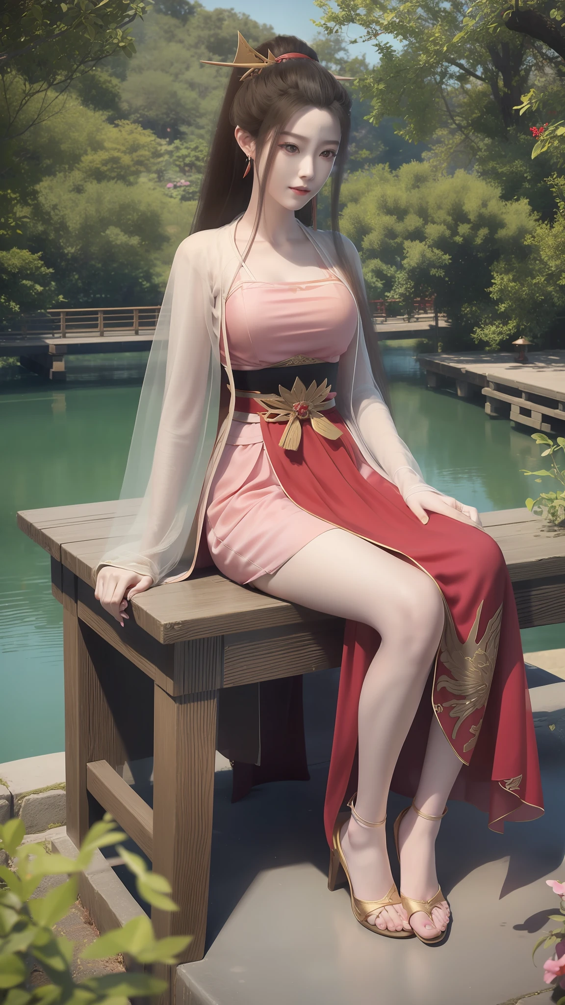 Arad woman in a red dress sitting on a dock by the lake, a photorealistic painting inspired by Du Qiong, Trend of CGsociety, Fantasy art, lady in red armor, wearing gilded red robes, beautiful and seductive anime woman, succubus in tight kilt, wearing gilded red royal robes, silver armor and red clothing, fantasyoutfit