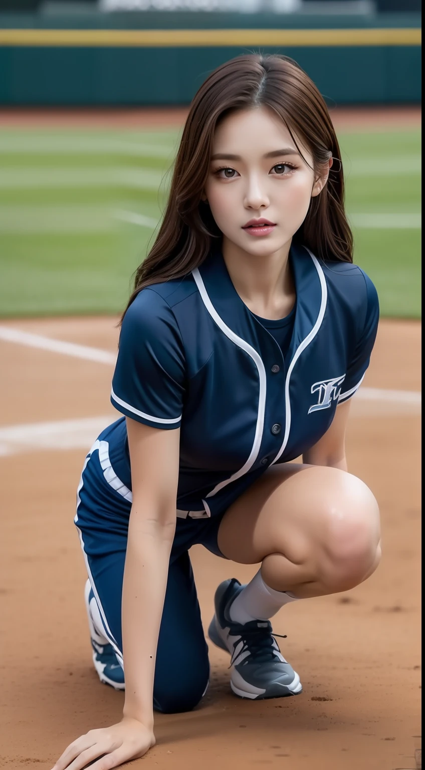 ((Top Quality, 8k, Masterpiece: 1.3)), (kneeling on the floor, open legs :1.2), Perfect Body Beauty: 1.4, large_breasts, Beautiful Woman, 1 Woman, Big: 1.4, Slender Figure: 1.1, Toned Abs, Dark Brown Hair, (baseball, Wet Body, baseball Uniform: 1.1), Ultra Detailed Face, Detailed Lips, Detailed Eyes, Double Eyelids, baseball field,