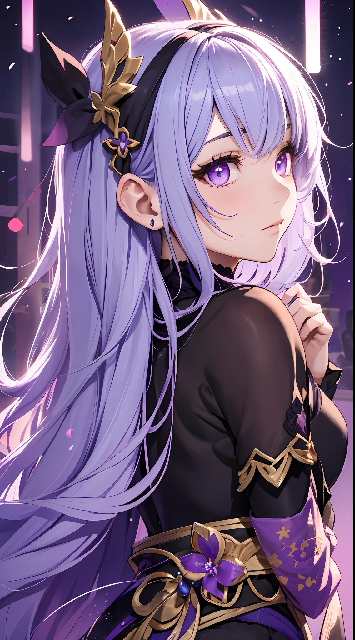 Mast, best quality, 1 girl, shenhe \ (Genshin Impact), silver purple hair, purple eyes, long hair, headband, hair accessories, looking at the audience, from the side,