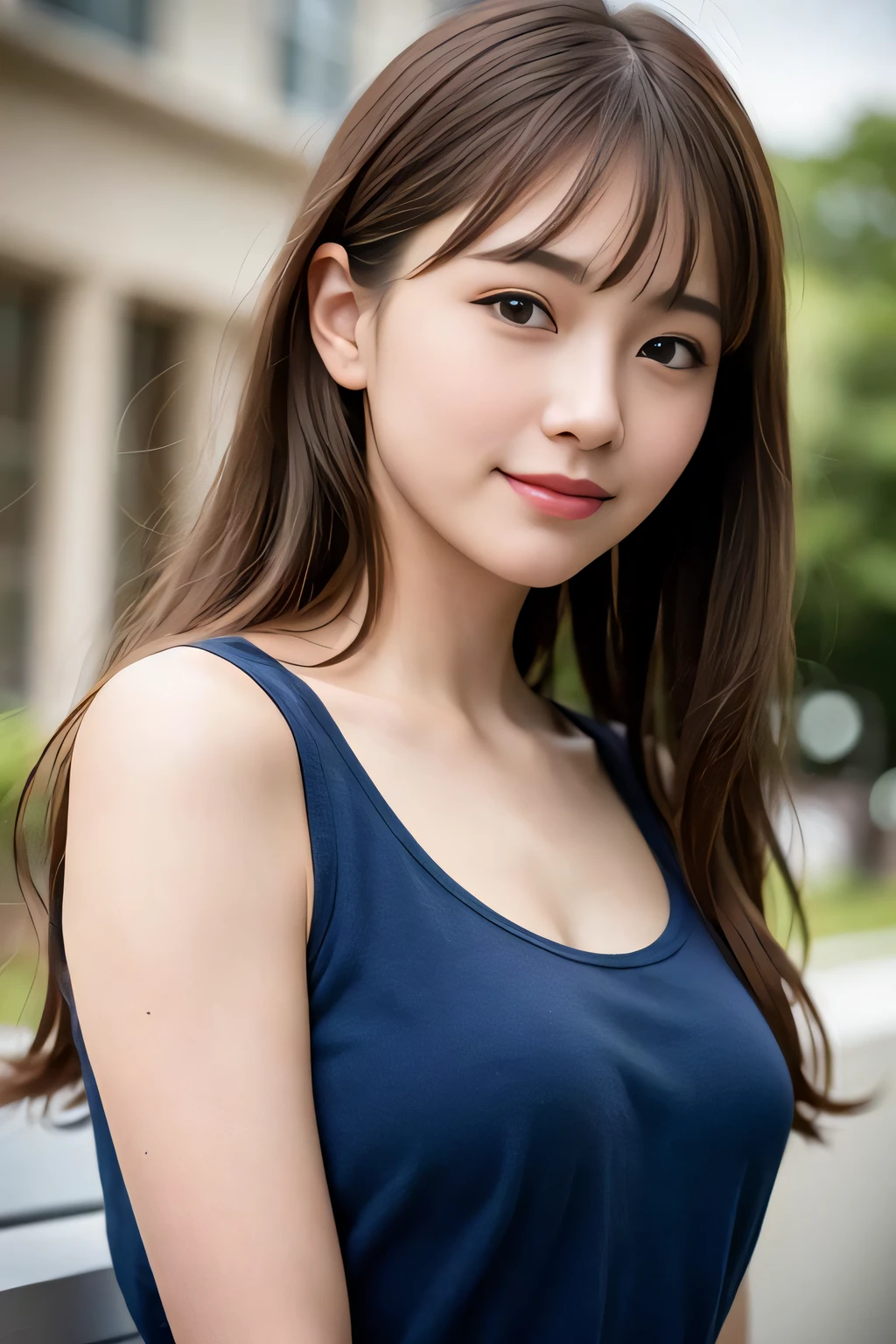 (8k, best quality, masterpiece:1.2), (realistic, photo-realistic:1.37), ultra-detailed, 1 girl,cute, solo,beautiful detailed sky,dating,(nose blush),(smile:1.15),(closed mouth) small breasts,beautiful detailed eyes, (long hair:1.2),floating hair NovaFrogStyle, upper body, tank top